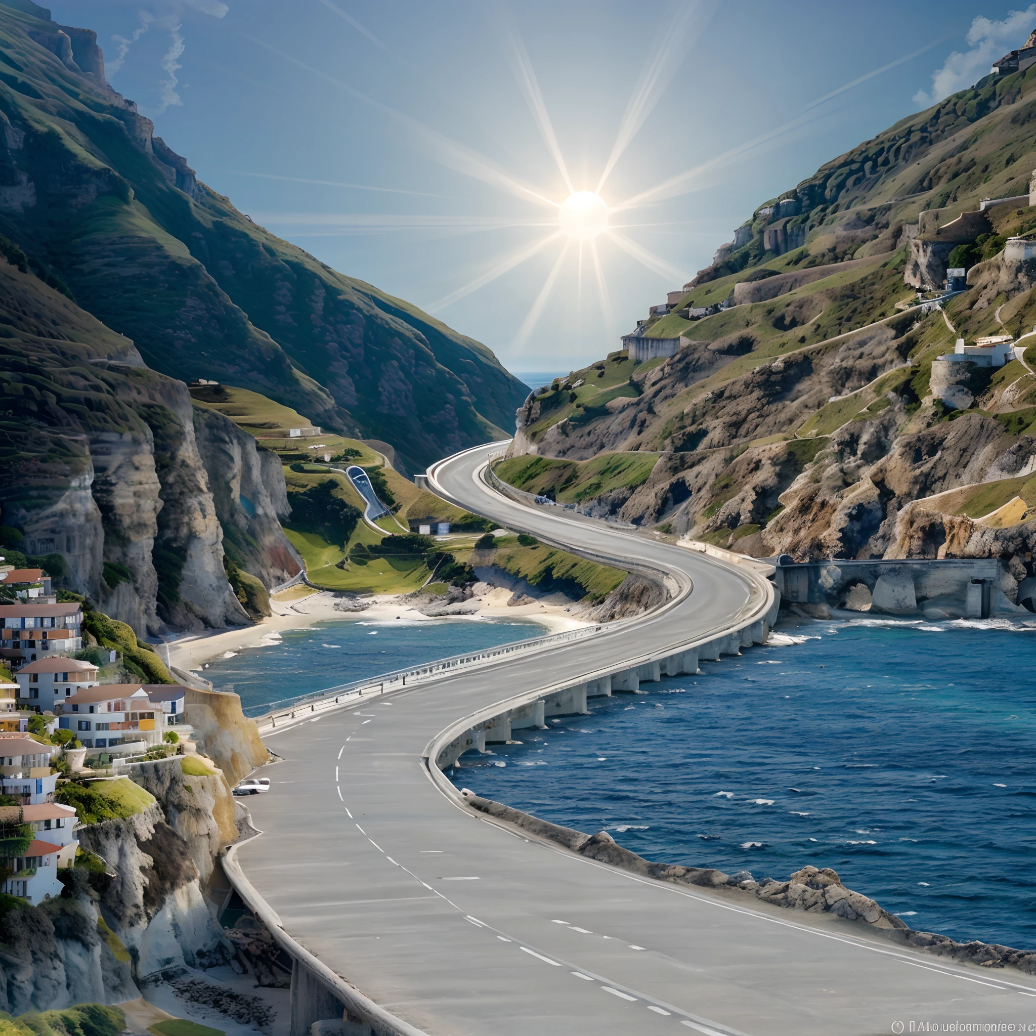 Wide and winding empty road by the sea that goes up towards the mountains with vast vegetation, the initial part of this road is by the sea with a bridge seen from below. Clear and calm sea. A large bright sun among the mountains is at mid-height in the background of the image. The uphill seaside road goes towards the sun. Ultra realistic image, perfect and with lots of details. Day with clear skies. Empty road by the sea on an incline seen from below, well signposted and defined, with sharp curves, with walls and protective guardrails. The sun stands out for its brightness and reflects lightly on the sea. Empty seaside road uphill towards the mountains. The sea gently touches the rocks on the side of the beginning of the paved road at the seaside seen from the lower part.