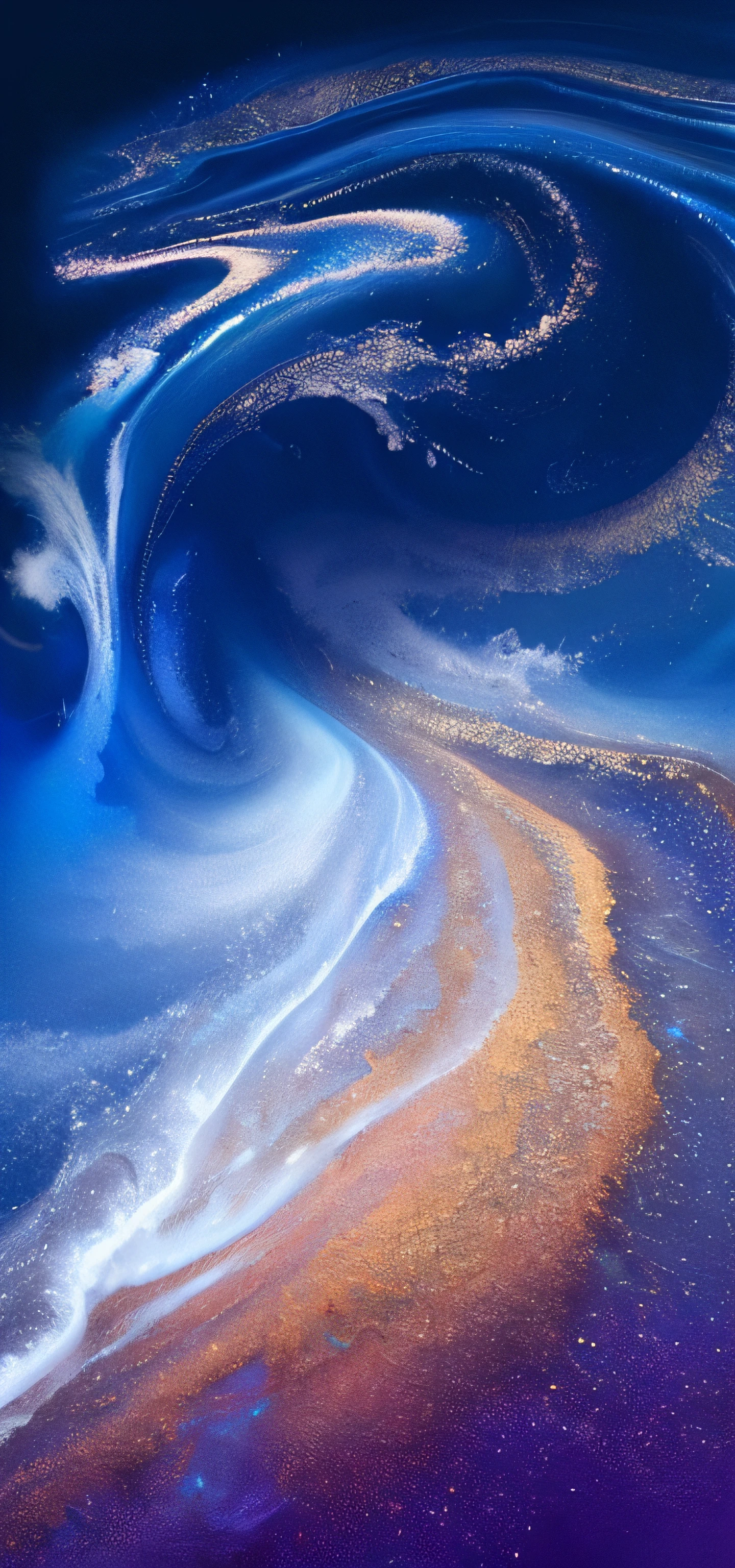 Close-up of a liquid wave against a blue sky background, swirling water cosmos, Beautiful wallpaper, sand swirling, swirling liquids, swirling fluid, softly swirling magical energy, water is made of stardust, stunning screensaver, Sparkling river underwater, paint swirl aesthetic, amazing wallpapers, hq 4k phone wallpaper, milky ways