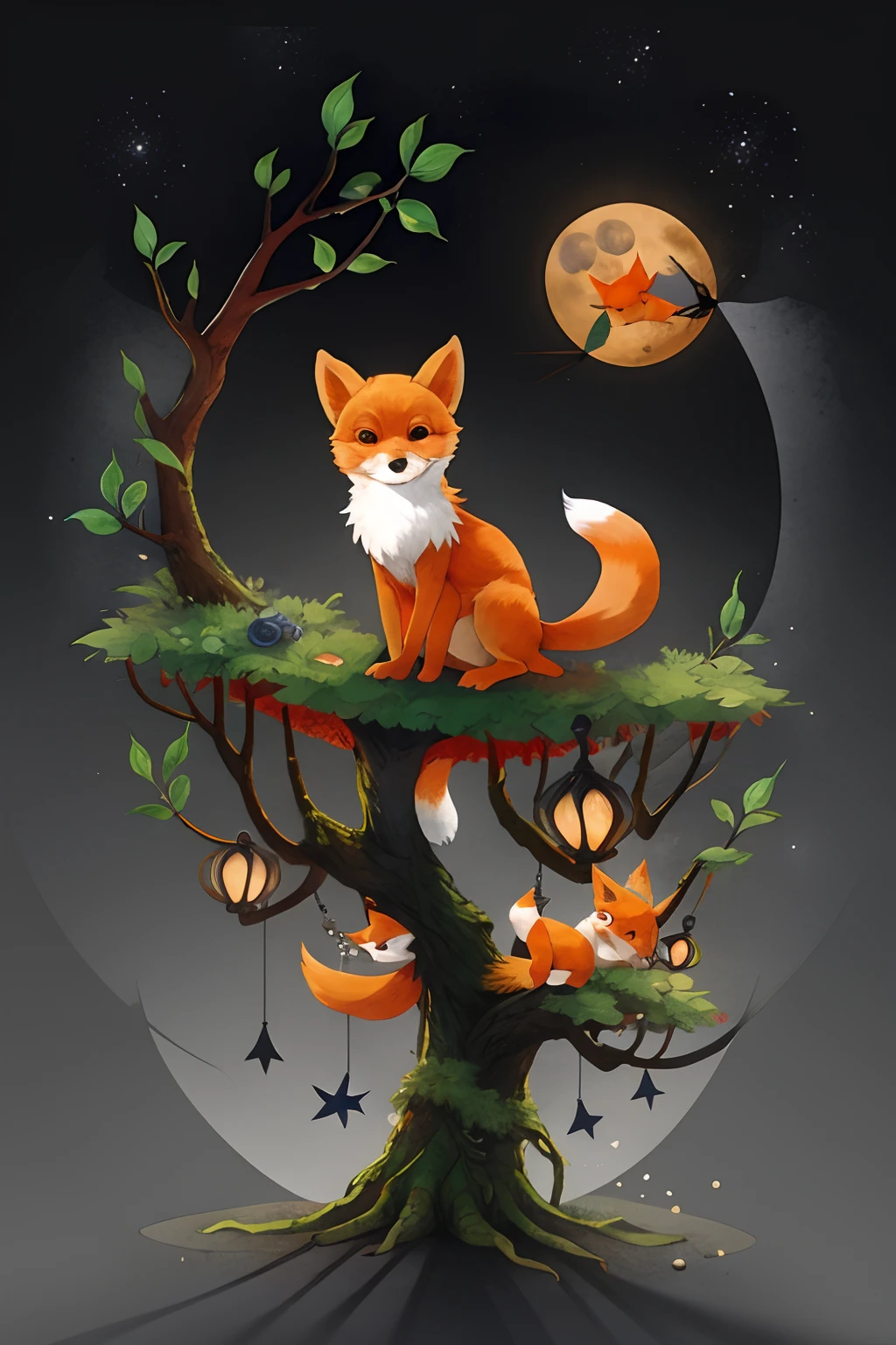 cute orange fox sitting near tree and looking to the moon at night