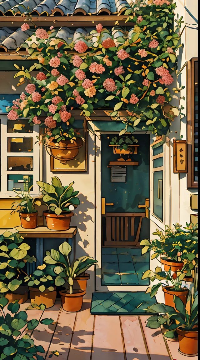 JZCG021,Flower shop,Coffee spots,gauges,a chair,No one,janelas,Flowers,a plant,Plants in pots,aquarelle (mediating),Landscapes,doors,air conditioner,picure (mediating),Traditional media,casa,Outdoors,terrazzo,architecture,Masterpiece,Best quality,High quality,a plant,, Masterpiece,Best quality,High quality,