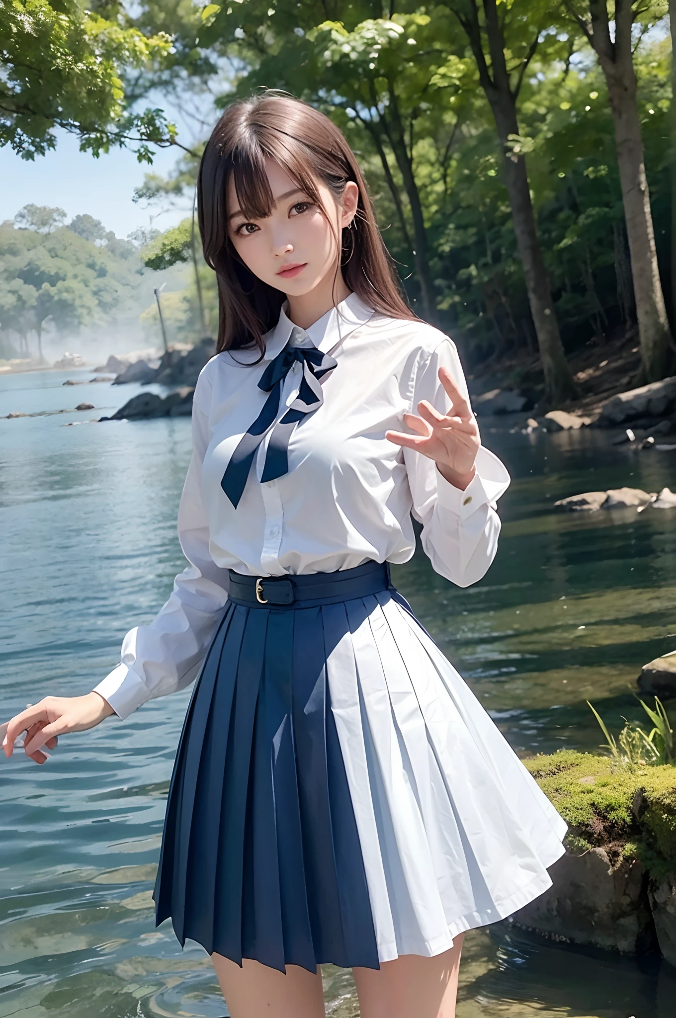 A beautiful girl is standing by the water