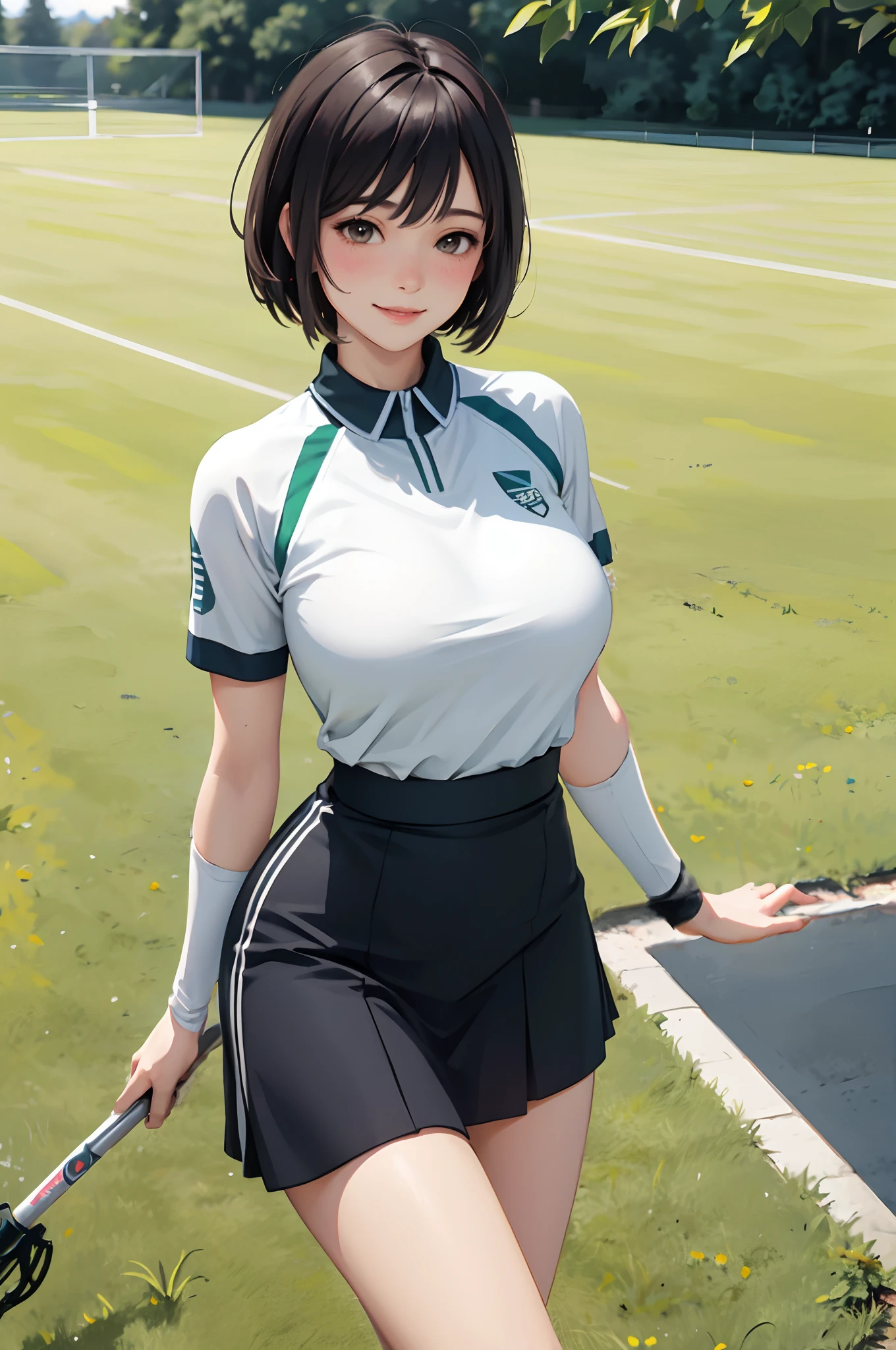 1lady solo, standing, mature female, /(lacrosse uniform/), /(short hair/) bangs, blush kind smile, (masterpiece best quality:1.2) delicate illustration ultra-detailed, large breasts BREAK /(grass court outdoors/)
