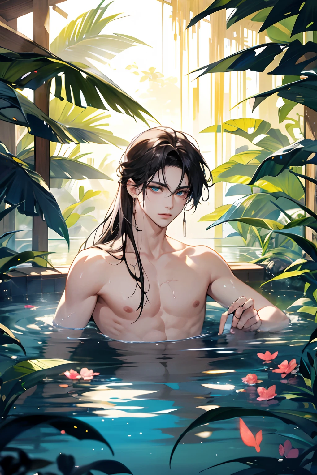 1 boy, Young male,  (Long hair, half body inside water, Topless, Bathe in water, Wet hair and body)blue colored eyes，Detailed eyes and face, Perfect male body, eye looking to camera,, China landscape, En plein air, Flowers and trees, waterfallr,butterflys， Portrait, color difference, Depth of field, dramatic shadow, Ray tracing, Best quality, Cinematic lighting, Extremely detailed CG, 8K wallpaper,，