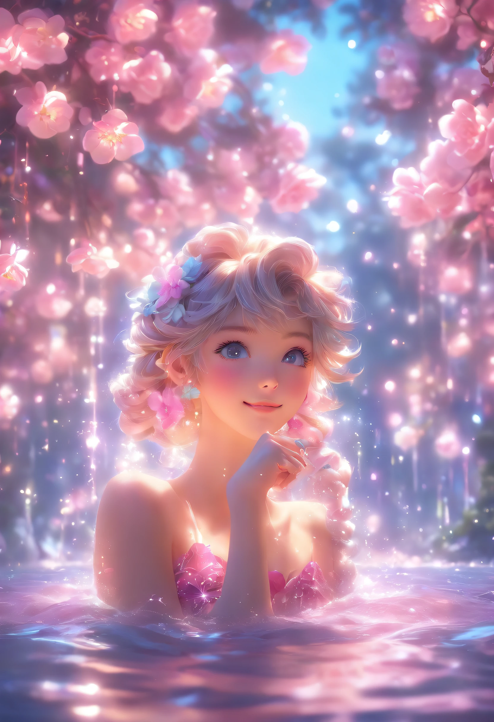 (CG Unit 8K Highly Detailed Wallpapers) (top-quality) (better lighting) (extremely delicate and beautiful) (floating) (Beautiful) ，wallpaper hd, Flower art, Rose, Blooms in spring, Photo, kawaii, Cute anime, Girl, Light magenta and light crimson style, angura kei, sparkling water reflections, Rococo portrait, ethereal trees, Univalent, les nabis,serenidade,Dreamy,16k， Cinematic lighting, chromatic abberation, Sony FE GM, Textured Leather, high détails, Haute