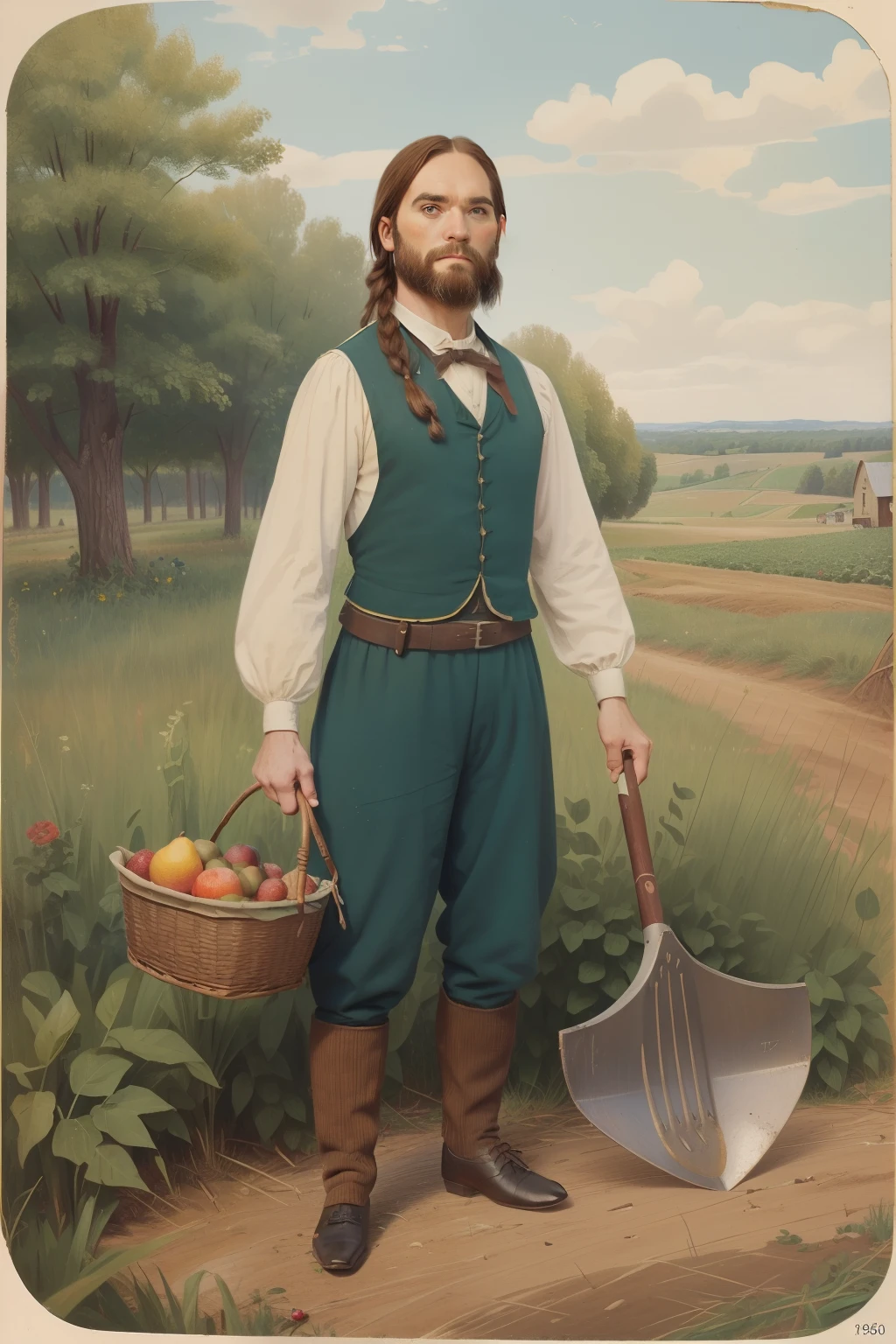 year: 1864. Location: Rock Island, Illinois. Pre-Raphaelite (((56-year-old Duncan Lacroix))), digging, shovel, fruit harvest, trees, farm, ((((rural Clothing from the 1860s)))) ((Hairstyle of the 1860s)), ((("OMITB" cinematography)))