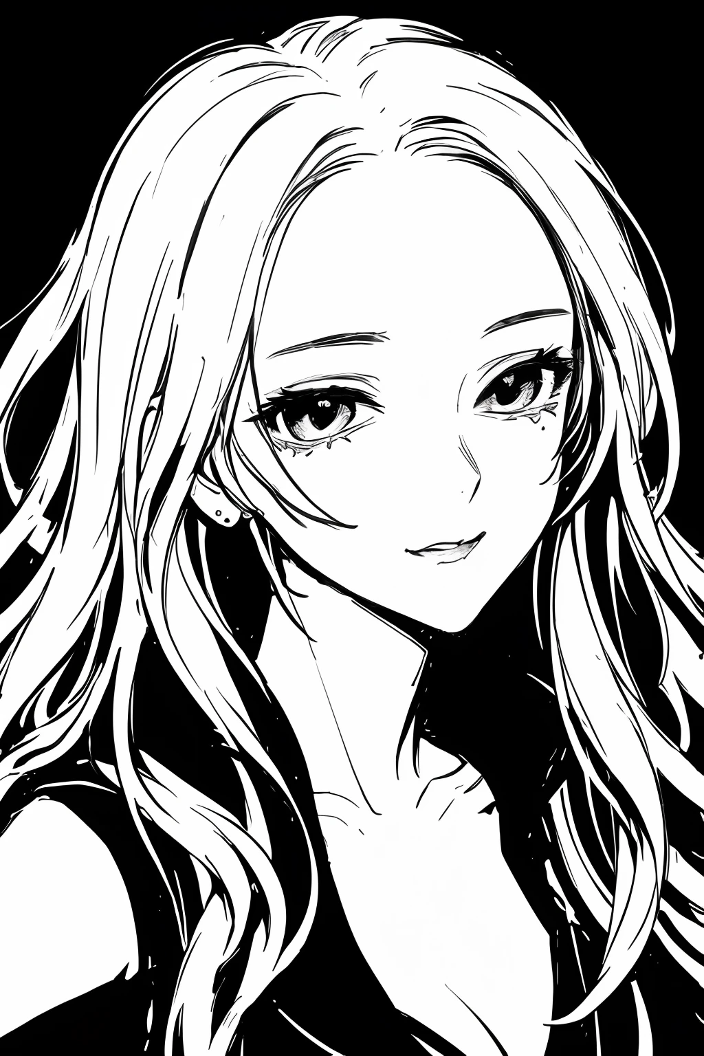 sketch by NTY,  black background, woman,black and white aesthethic girl anime pfp, close up face