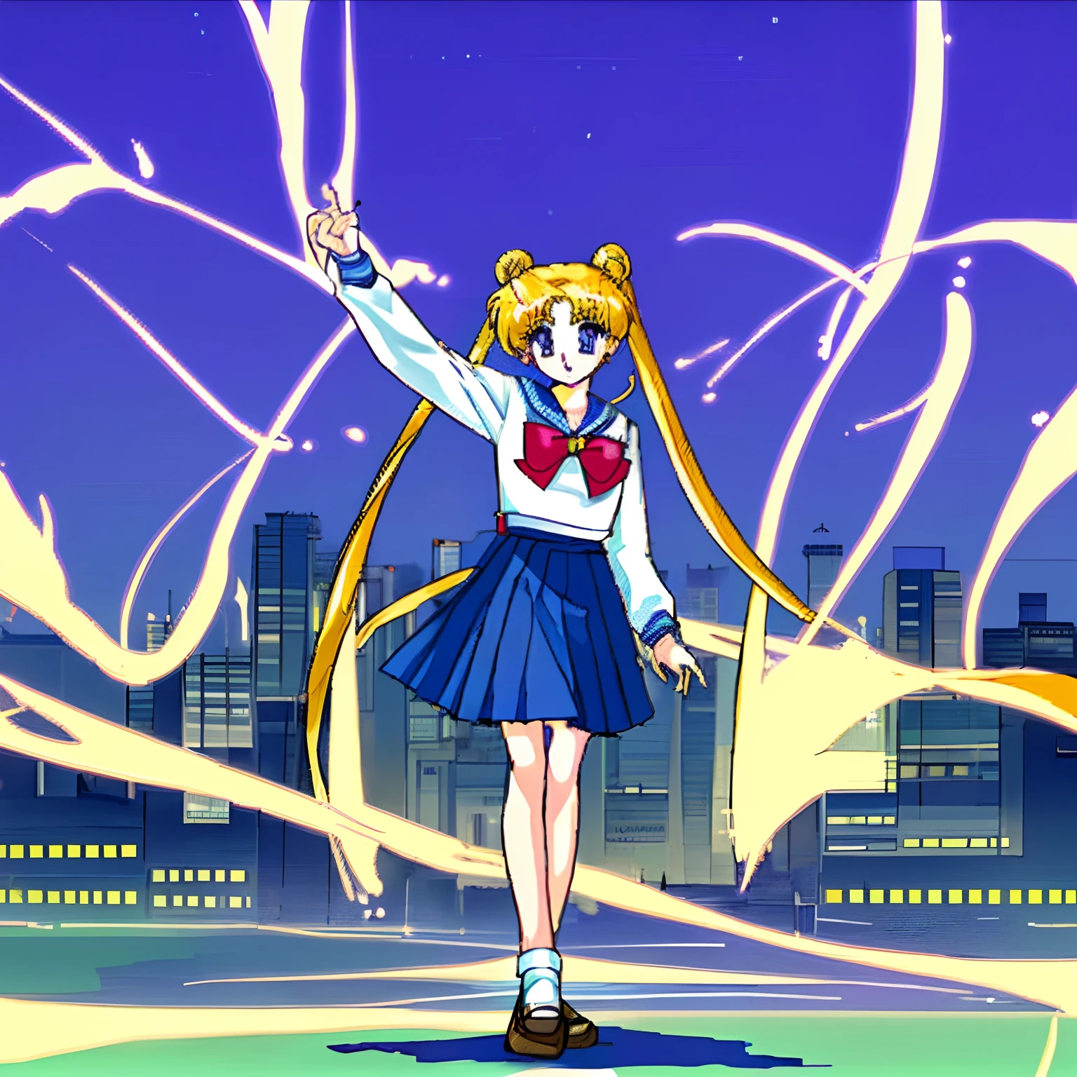 Usagi, wearing school uniform, full body, energetic, at City park
