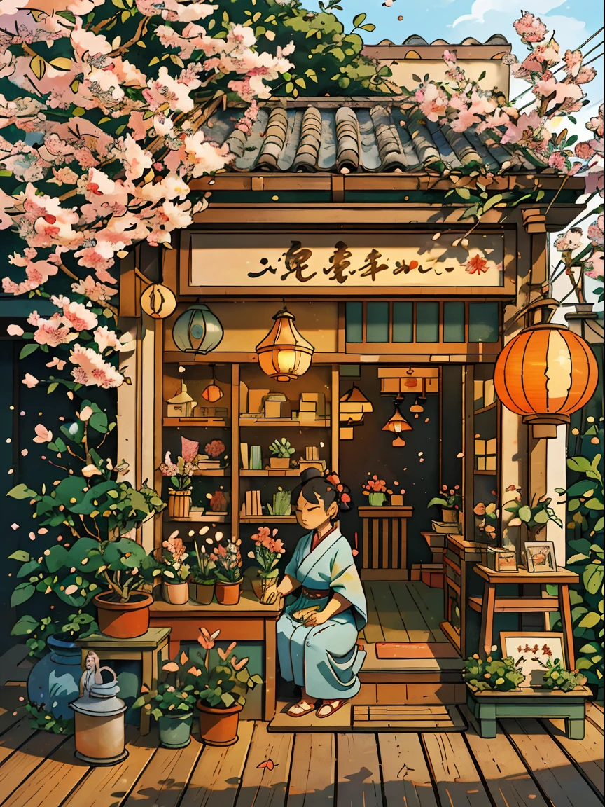 (a beautiful flower shop, traditional Japanese style, inspired by Ghibli anime),(best quality,ultra-detailed,realistic:1.37),vibrant colors,rays of sunlight pouring through the window,delicate cherry blossoms in full bloom,freshly cut flowers arranged in artistic displays,adorable anime characters shopping for flowers,traditional Japanese paper lanterns illuminating the shop,ancient wooden shelves filled with colorful pots and vases,an old-fashioned cash register adding a touch of nostalgia,a charming shopkeeper offering assistance,fragrant aroma filling the air,exquisite details in the flowers' petals and leaves,peaceful and serene atmosphere,Noh masks hanging on the wall,an enchanting painting of a mythical creature,next to a shelf of bonsai trees,tatami mats on the floor creating a cozy seating area,traditional sliding doors with beautiful paper screens,wisps of incense lingering in the air,a quiet corner dedicated to tea ceremonies,A terrarium filled with magical plants,floating lanterns creating a dreamy ambiance,a hidden garden with a flowing stream and stepping stones,an anime-inspired cat snoozing on the counter,flower shop customers wearing traditional kimonos,inspiring music playing softly in the background