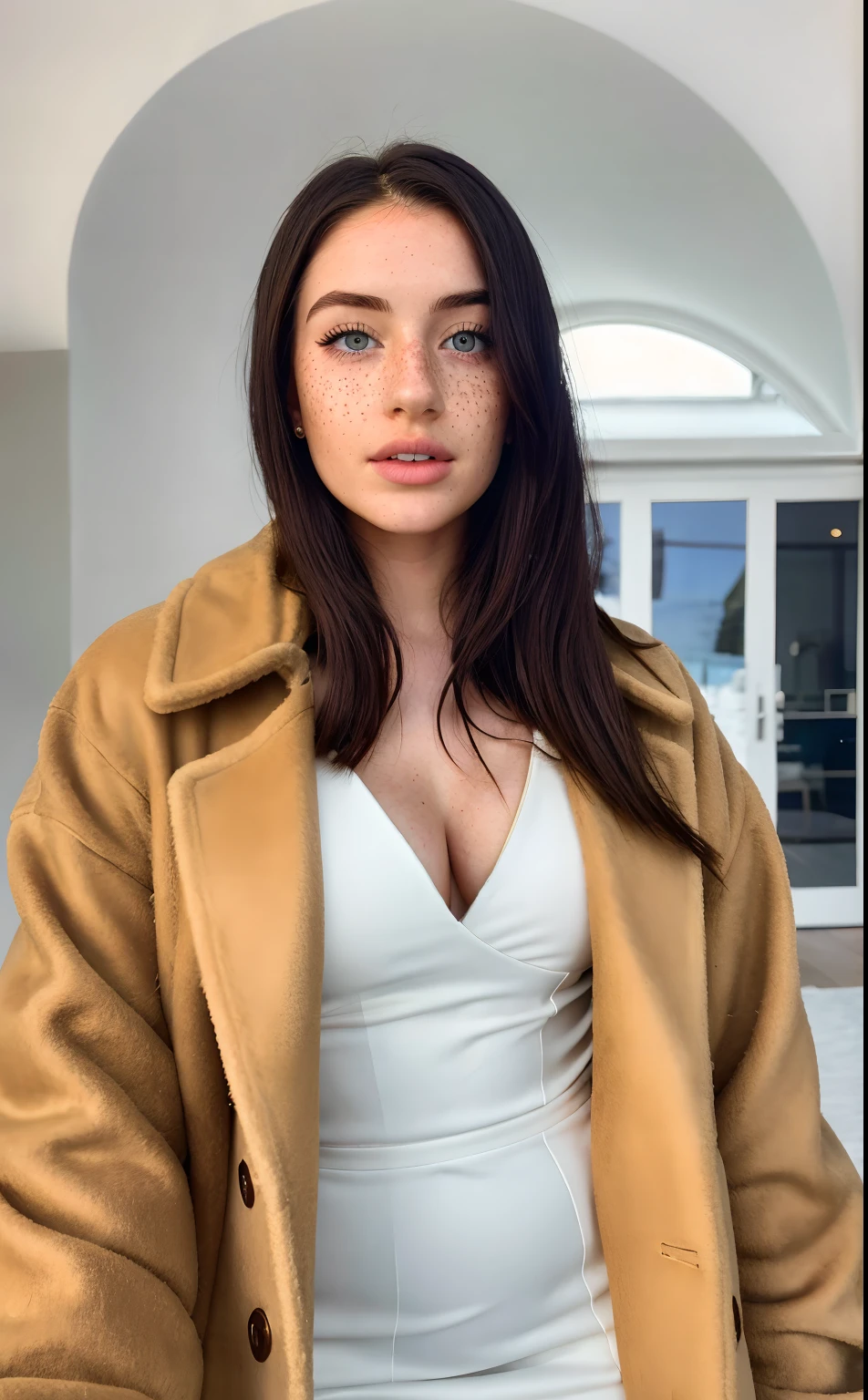 Hyper realistic 23 year old Irish girl with freckles without tattoos in selfie mode for instagram snapchat influencer with curves in a big dress and winter eyelash coat