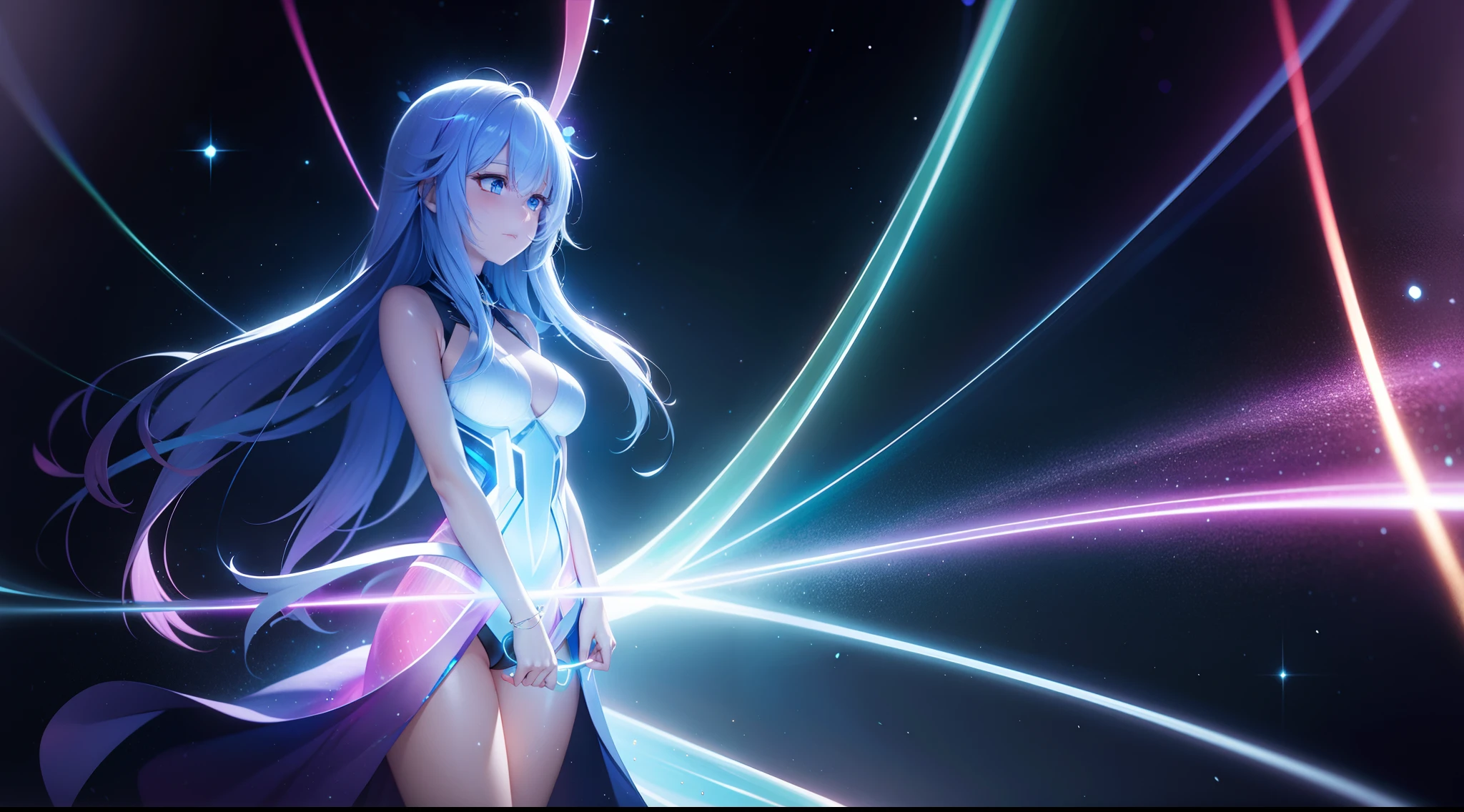 woman,long hair ,sunlight ,medium breasts, iridescent dress, glowing stars, A digital illustration, glowing stars, defraction spikes, chromatic aberration, AND (glowing, holofoil:0.6),
