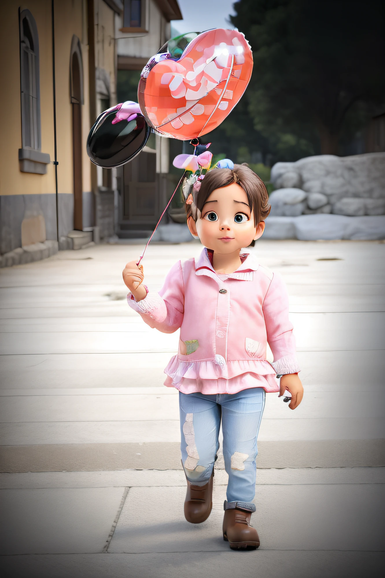 A 2-year-old girl walking with a minnie balloon in her hand. Botas castanhas estilo cowboy, jeans e casaco rosa. Tem cabelo curto. The floor is made of stone, tem uma casa vintage ao lado e fonte ao fundo.