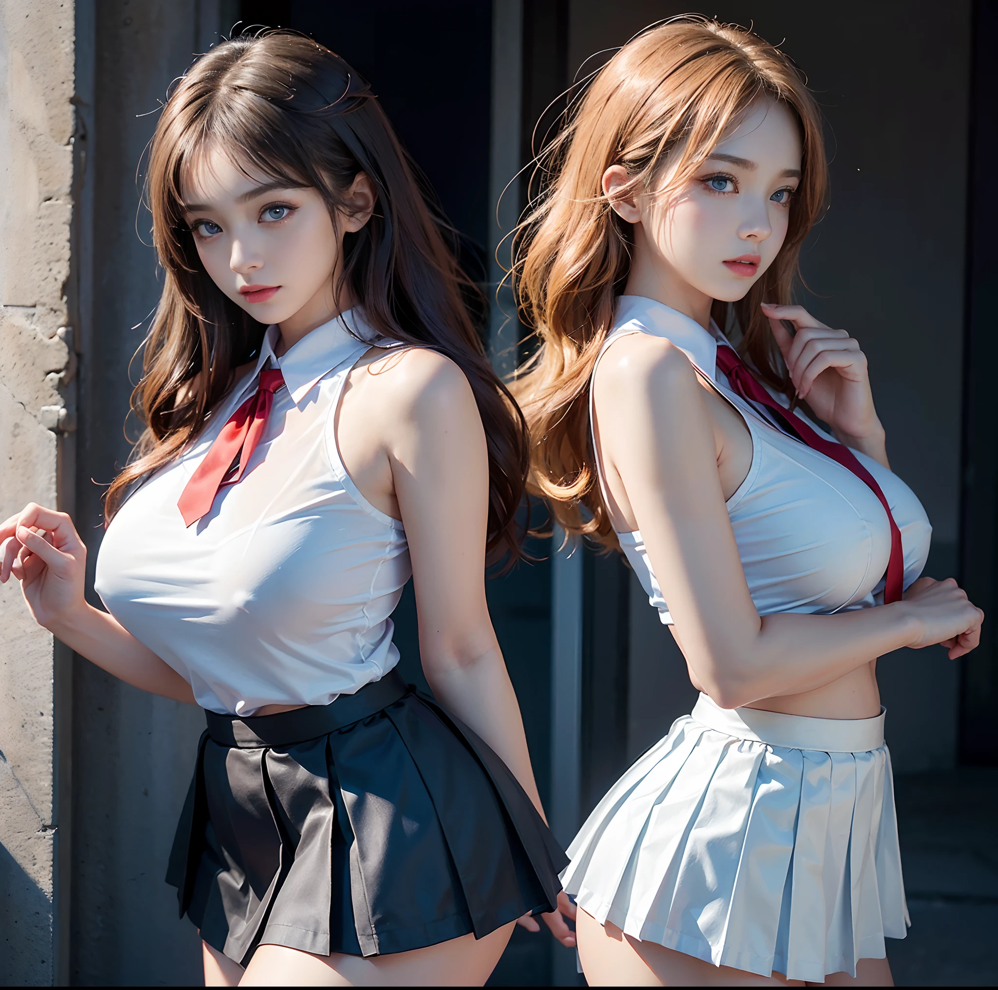 (top-quality, 4K picture quality, masterpiece, Professional lighting without shadows, A hyper-realistic), perfect anatomia, Two girls, ( with perfect body、Colossal breasts with tension:1.2), Bright and even whitening skin without wrinkles and steps, (Reflects a lot of light with bright and beautiful blue eyes with long eyelashes and plump red tear bags:1.2)、 Cute hairstyles, (Girls' high school uniforms get wet and stick to the skin, A tight-fitting blouse made of white ultra-thin fabric covers the upper body,、Dress up with a super short super mini pleated skirt), (The skirt is too short to be useful:1.5), (She proudly shows off her huge breasts and crimson ribbon tie from the front), (Another girl on the other side、- She is showing off her bare buttocks from directly behind), (sleepy half-eyes),