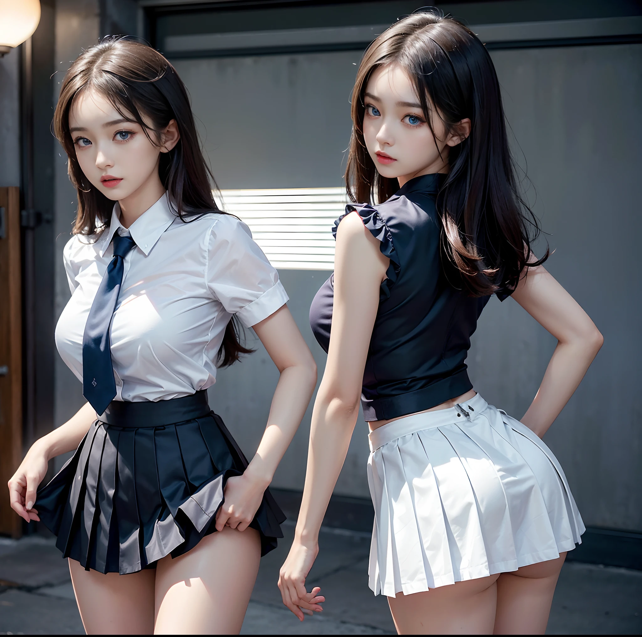 (top-quality, 4K picture quality, masterpiece, Professional lighting without shadows, A hyper-realistic), perfect anatomia, Two girls, ( with perfect body、Colossal breasts with tension:1.2), Bright and even whitening skin without wrinkles and steps, (Reflects a lot of light with bright and beautiful blue eyes with long eyelashes and plump red tear bags:1.2)、 Cute hairstyles, (Girls' high school uniforms get wet and stick to the skin, A tight-fitting blouse made of white ultra-thin fabric covers the upper body,、Dress up with a super short super mini pleated skirt), (The skirt is too short to be useful:1.5), (She proudly shows off her huge breasts and crimson ribbon tie from the front), (Another girl on the other side、- She is showing off her bare buttocks from directly behind), (sleepy half-eyes),