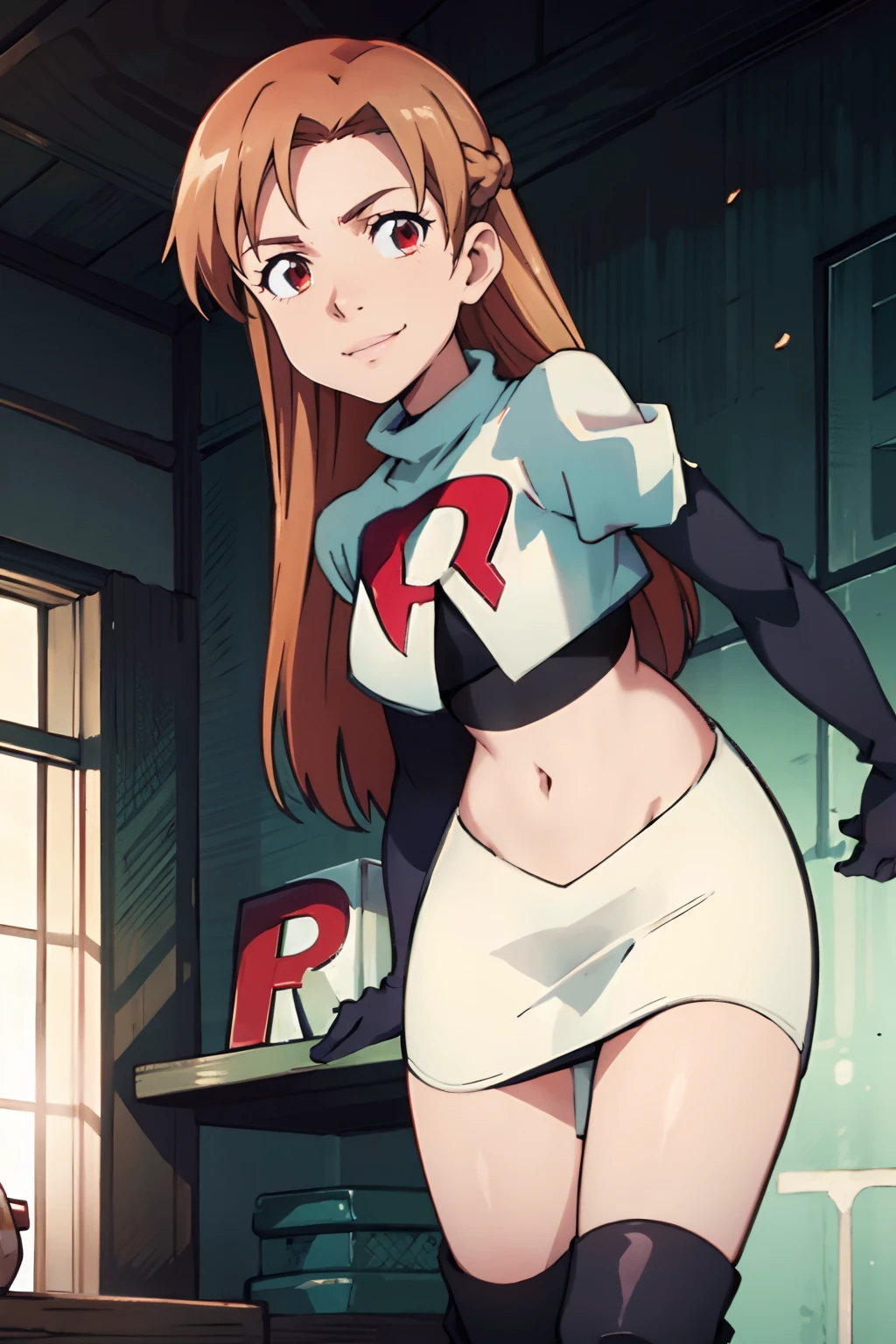 yuuki asuna, team rocket, team rocket uniform, red letter R, white skirt, white crop top, black thigh-high boots, black elbow gloves, evil smile