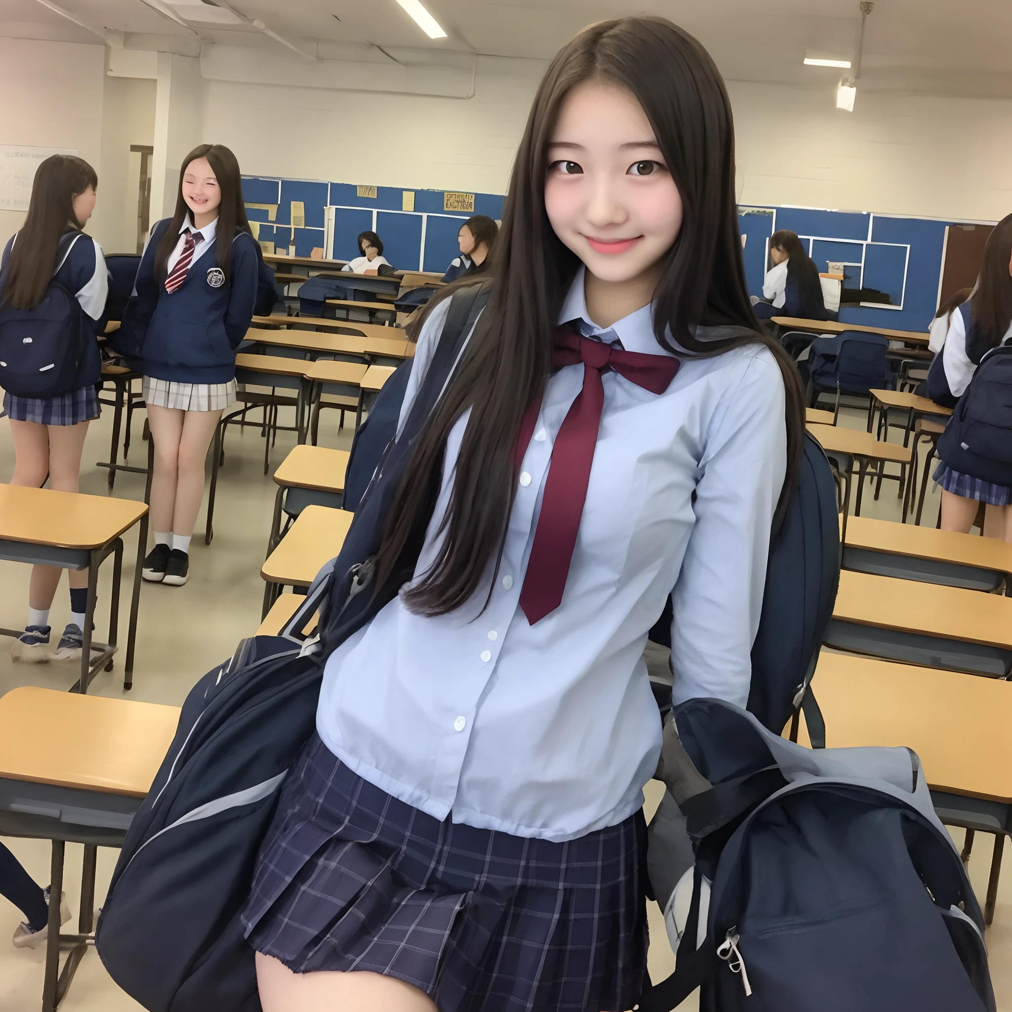 ((best quality, 8 thousand, masterpiece:1.4)), (cute girl), (small breasts:1.4), Highly detailed face and skin textures, detailed eyes, (blonde wavy very long hair:1.3), ((beautiful body:1.3)), (slim waist), ((student uniform:1.4)), (In a spacious and comfortable school playground), bright smile, (Extremely small breasts:1.4), pretty legs, knee, Leaning,