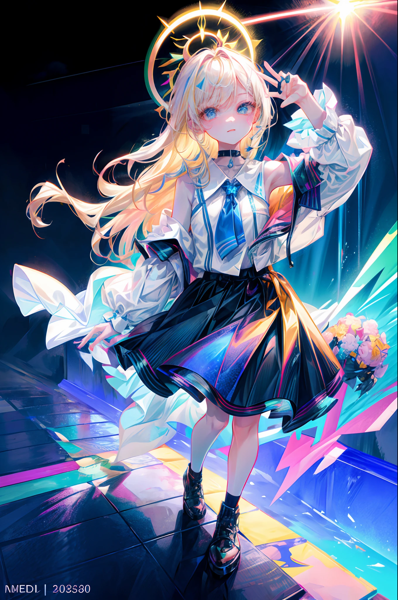 Irridescent color、colourfull、the met、top-quality、超A high resolution、(Photorealsitic:1.4)、Female 1 Person、Sleeveless white buttoned shirt、Black skirt、Black Choker、cute little、(Kpop Idle)、(attractiveness:1)、(Platinum Blonde Hair:1)、((Puffy eyes))、Look at the viewer、full body Esbian、Facing the front