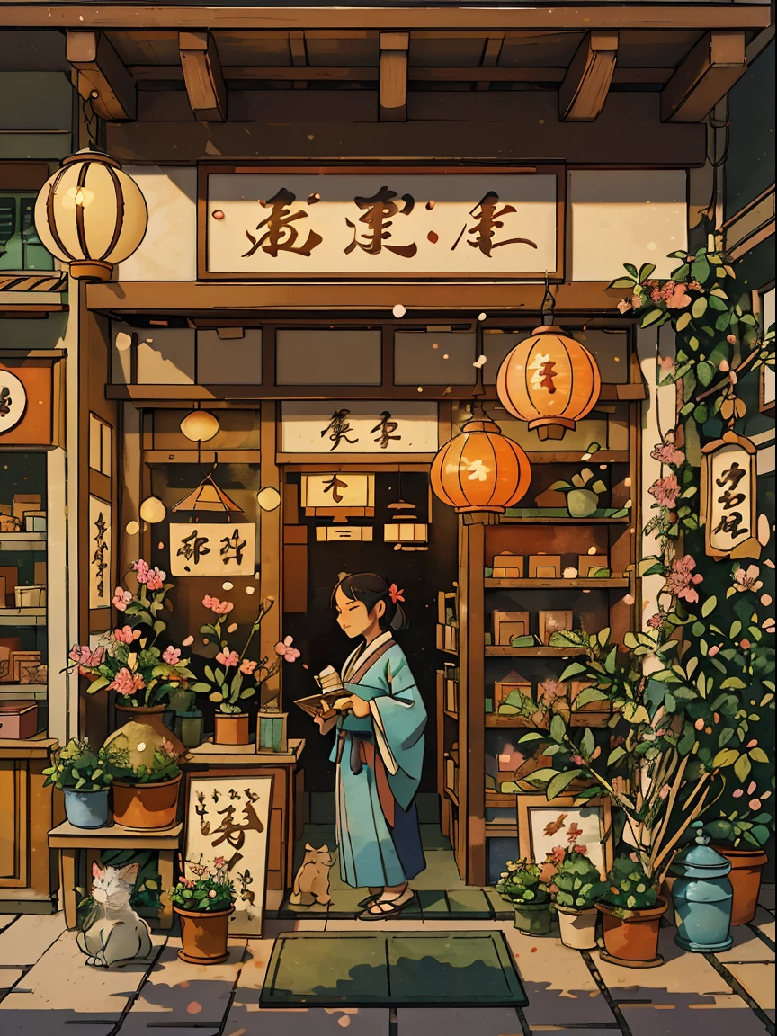 (a beautiful flower shop, traditional Japanese style, inspired by Ghibli anime),(best quality,ultra-detailed,realistic:1.37),vibrant colors,rays of sunlight pouring through the window,delicate cherry blossoms in full bloom,freshly cut flowers arranged in artistic displays,adorable anime characters shopping for flowers,traditional Japanese paper lanterns illuminating the shop,ancient wooden shelves filled with colorful pots and vases,an old-fashioned cash register adding a touch of nostalgia,a charming shopkeeper offering assistance,fragrant aroma filling the air,exquisite details in the flowers' petals and leaves,peaceful and serene atmosphere,Noh masks hanging on the wall,an enchanting painting of a mythical creature,next to a shelf of bonsai trees,tatami mats on the floor creating a cozy seating area,traditional sliding doors with beautiful paper screens,wisps of incense lingering in the air,a quiet corner dedicated to tea ceremonies,A terrarium filled with magical plants,floating lanterns creating a dreamy ambiance,a hidden garden with a flowing stream and stepping stones,an anime-inspired cat snoozing on the counter,flower shop customers wearing traditional kimonos,inspiring music playing softly in the background