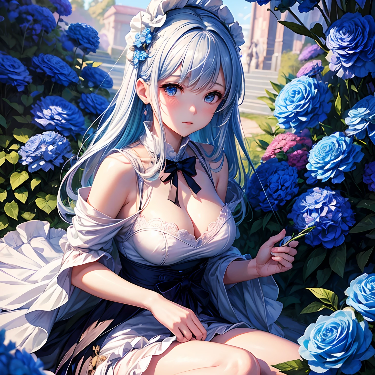 Anime - Nemophila Menziesii，roses，Style image of a woman in a white ruffled dress standing in front of flowers, Lori in a ruffled dress, guweiz on pixiv artstation, guweiz on artstation pixiv, Cute anime waifu in a nice ruffled dress, guweiz, Trending on ArtStation pixiv, artwork in the style of guweiz，detailed,best quality,