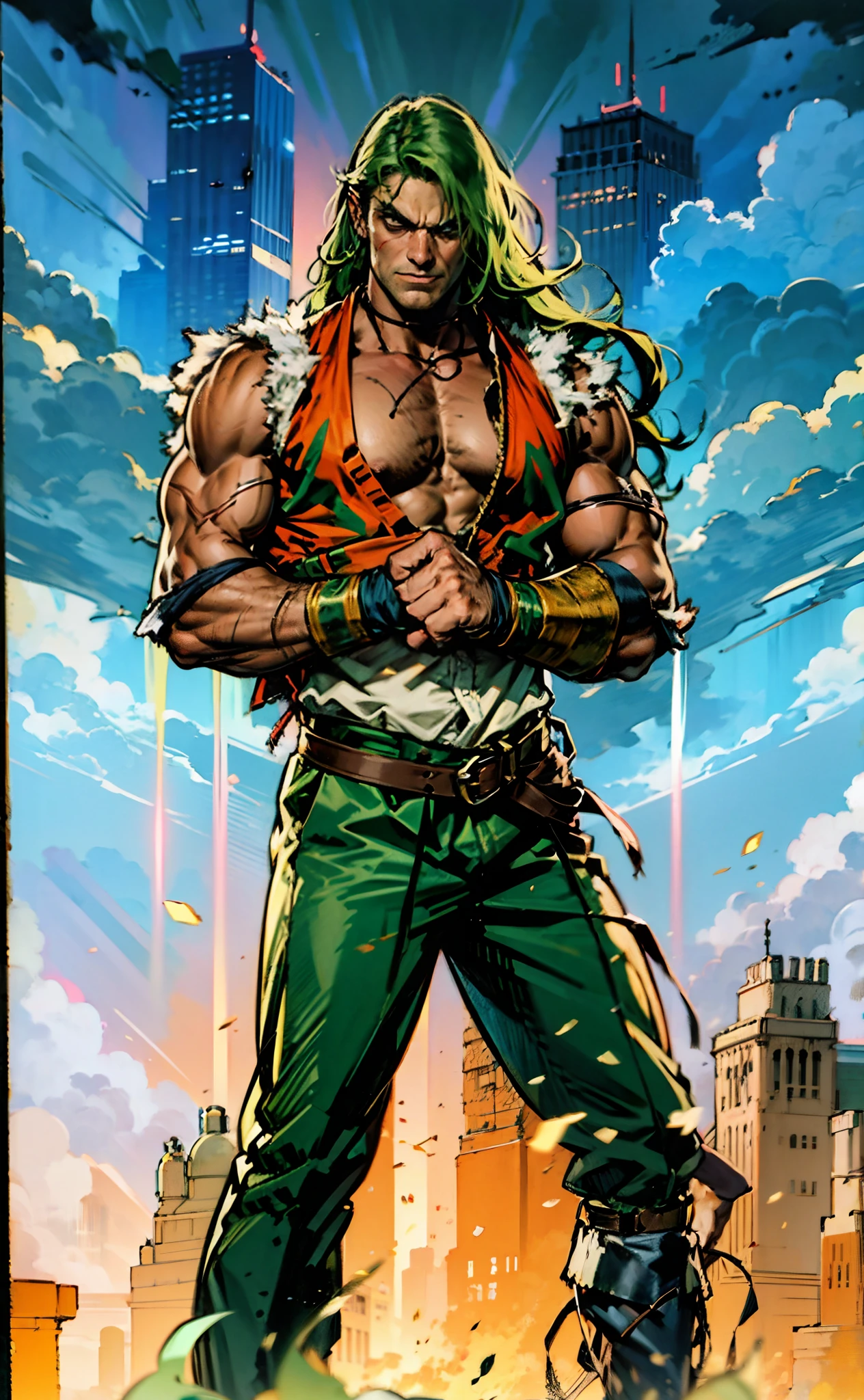 A young man, long orange-green hair, with the lengthy hair bangs covering most of his face, a fierce gaze, a wild smile, a red stripe on the side of his face, a loose and simple sleeveless dark vest, exposing his sturdy muscles, wearing fabric wrist guards, coarse cloth trousers matching the outfit, he clenches his fists in front of his chest, assuming a combat-ready stance, the backdrop features a bustling market in a medieval fantasy-style setting, this character embodies a finely crafted fantasy-style street thug in anime style, characterized by an exquisite and mature manga illustration art style, high definition, best quality, highres, ultra-detailed, ultra-fine painting, extremely delicate, professional, anatomically correct, symmetrical face, extremely detailed eyes and face, high quality eyes, creativity, RAW photo, UHD, 8k, Natural light, cinematic lighting, masterpiece-anatomy-perfect, masterpiece:1.5