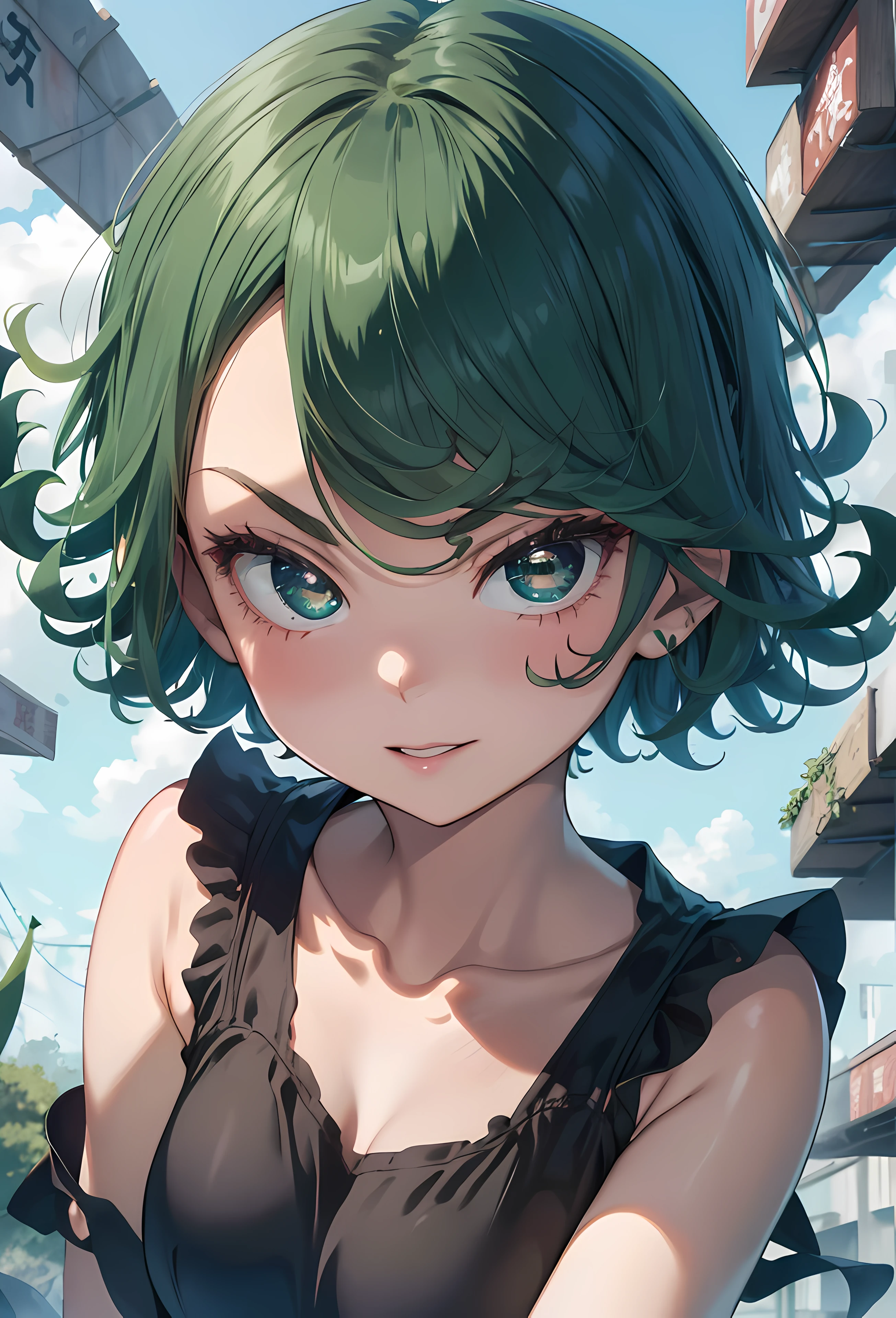 (top-quality, 8K, 12), 1 girl, tatsumaki, Short Hair Hair, Green hair, huge-breasted, child, the perfect body, ultra detail face, Detailed lips, Slender eyes, gown, stands, enticing, excited, Convex areola, steam, frombelow