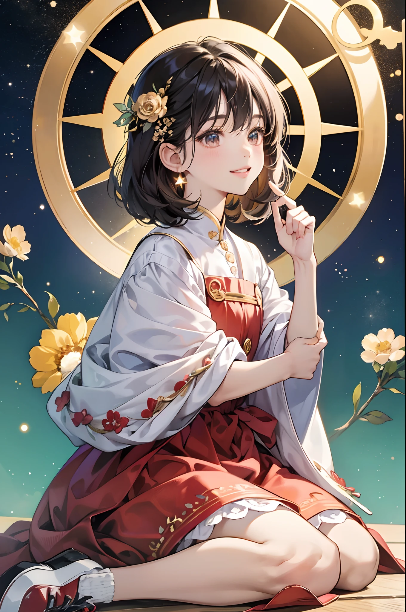 ((top-quality)), ((masterpiece))、gold framed, florals、Place one small doll on a circular stand、kawaii pose、A smile、A dark-haired、Chibi Doll、Stars in the eyes(kirakira)、Raise your right hand、Eye Up、Laugh、Cute red shoes、Ultra Detail, radiant light、bio luminescent、Taken from the side、Stronger bokeh effect