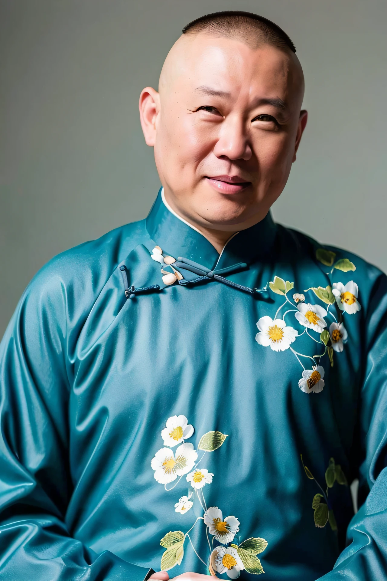 Arafeld man in a blue shirt，There are flowers on it, inspired by Huang Tingjian, Du Jiao cover photo portrait, qi sheng luo, inspired by Hu Jieqing, inspired by Wang Guxiang, inspired by Xie Huan, yin zhen chu, Traditional Chinese clothing, inspired by Zhang Wo, inspired by Wen Zhenheng