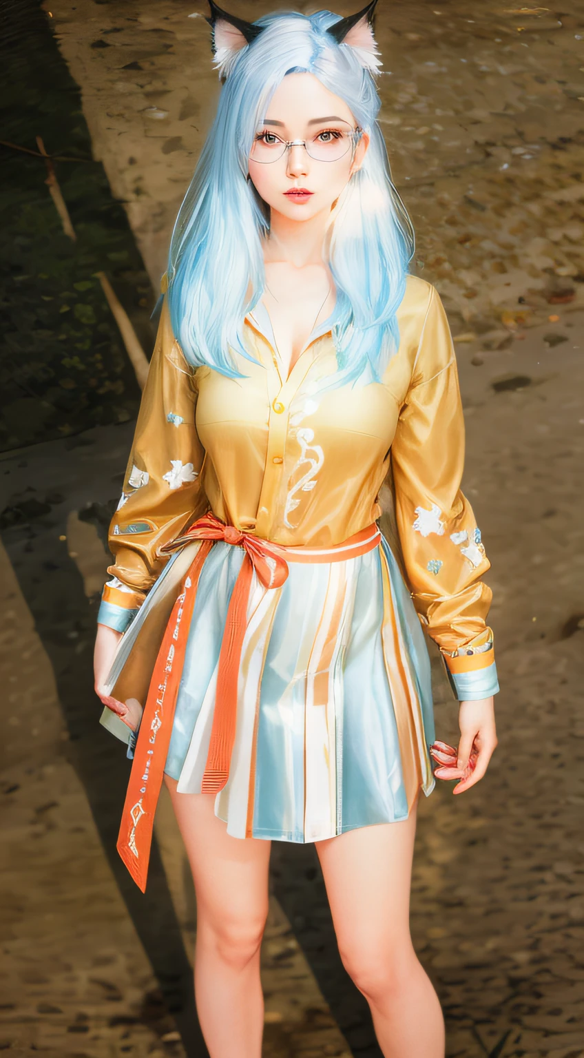 there is a woman with blue hair and a cat ears outfit, realistic, best quality, glossy skin, beautiful eyes, transparent glasses, sexy body, big breast, visible cleavage,