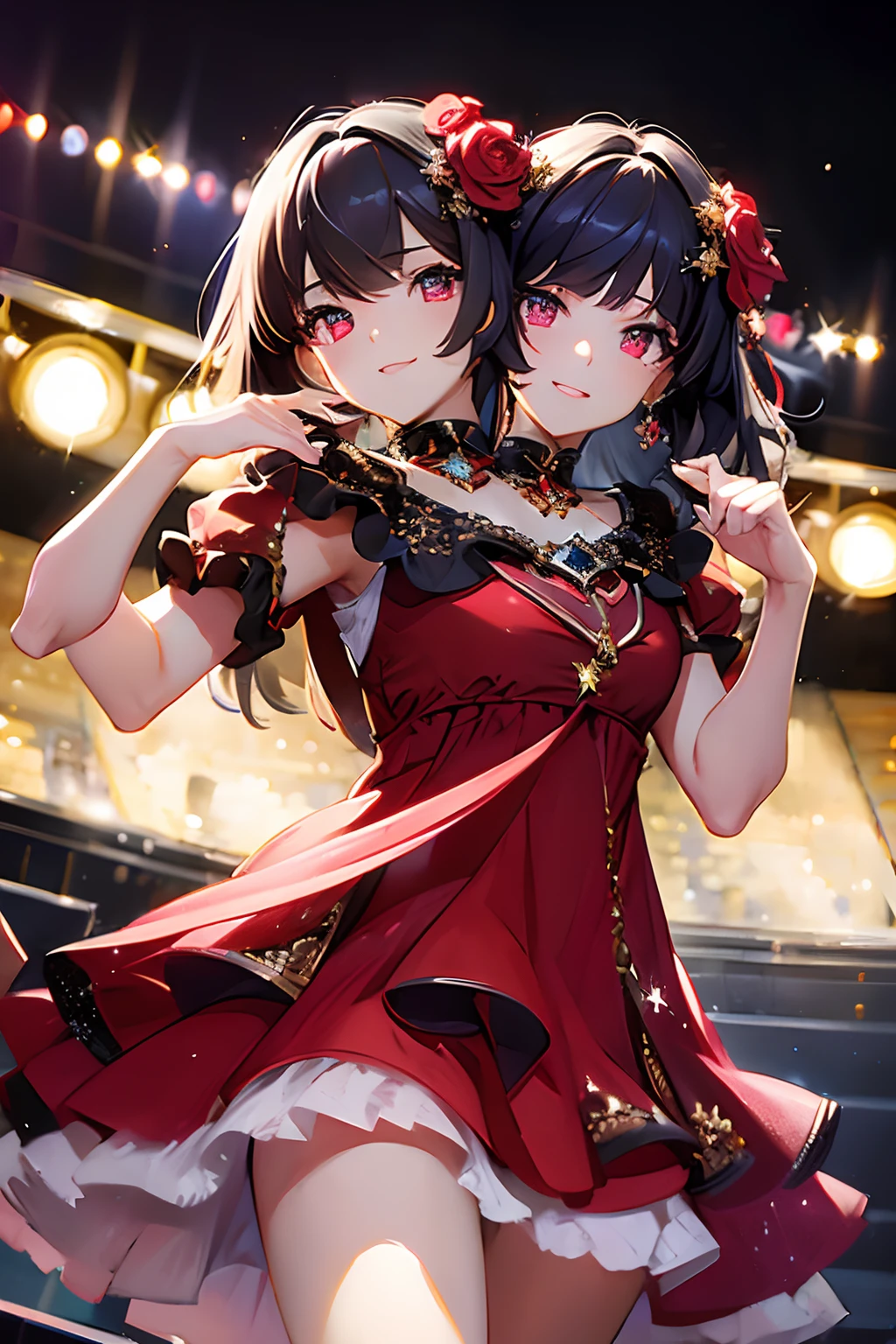 (masterpiece, best quality), best resolution, (2heads:1.5), 1girl, solo, best quality, masterpiece , Ruby Hoshino character, hair ornament, sparking eyes, star on eye, (star on right eye:1), (dress:1.4), (concert1), on the stage,