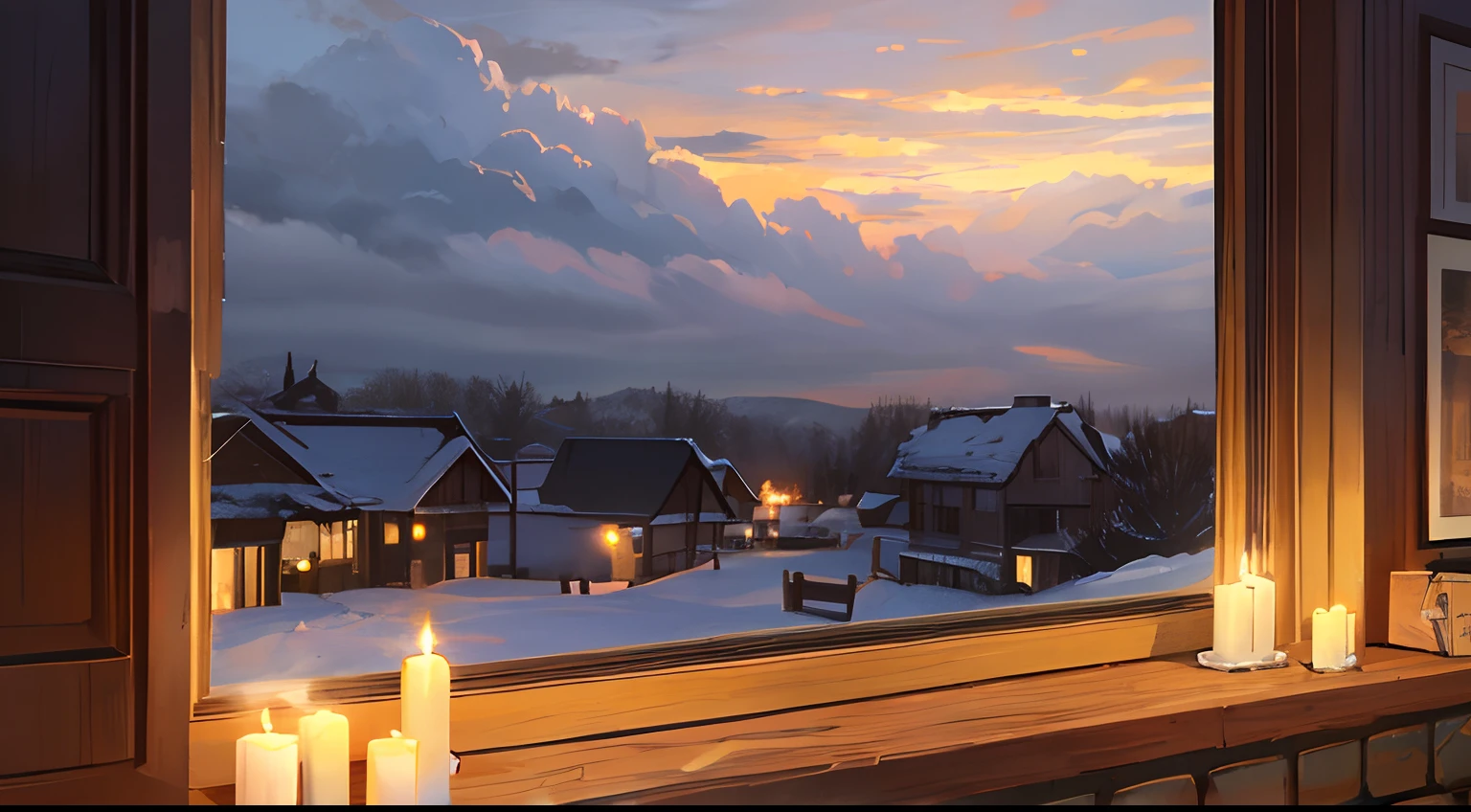 cloudy weather cloudy windowsill illustration winter cloudy landscape landscape with lots of candles in the middle graphic top quality landscape