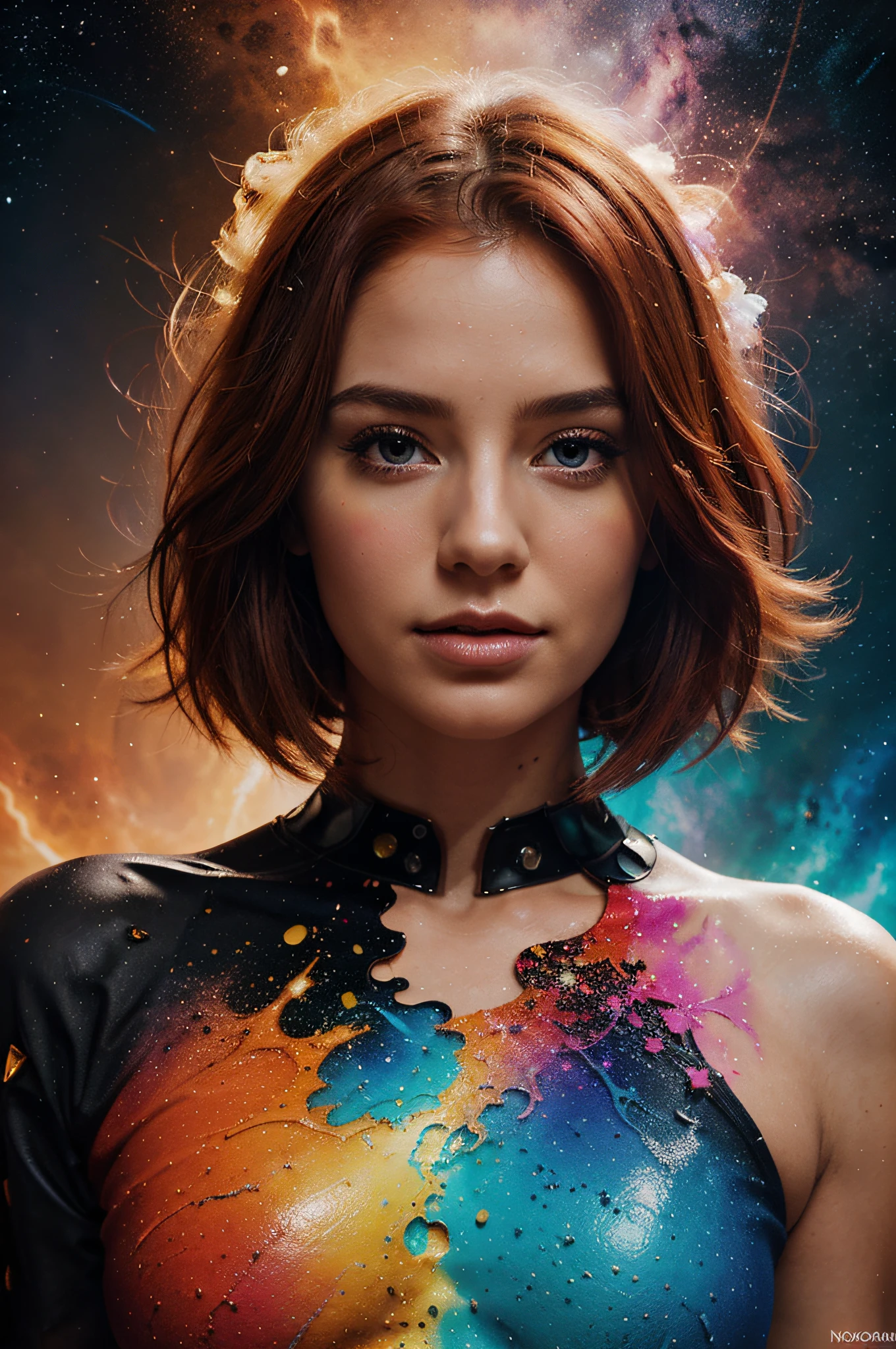 beautiful fantasy abstract of a beautiful woman double exposure with a colorful digital paint splash or space nebula, generative ai,
photorealism, Red hair,
beautiful female figure
