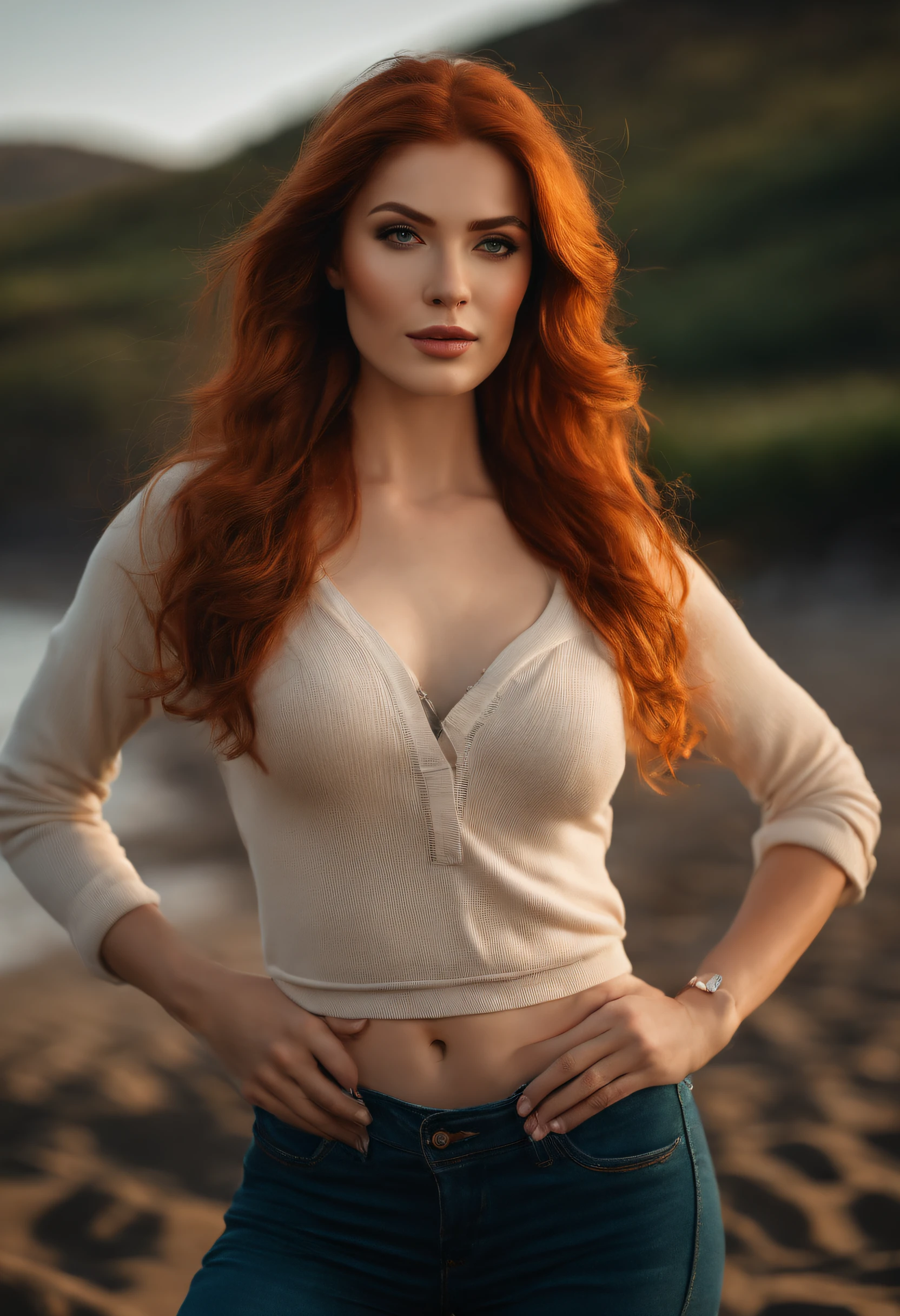 professional, (4k photo:1.1) by (Jeremy Lipking:0.3), (Dittmann Anna:0.3), (Arian Mark:0.3), (Sharp focus:1.3), high detail, wearing (tight shirt:1.2), beautiful detailed face, an attractive woman with long red hair looks into the camera, looking like actress Katherine McNamara, panasonic lumix s pro 50mm f/1.4, anne stokes, color splash, dark orange and dark emerald, ferrania p30, photo realistic, (attractive young woman:1.3), (seductive:1.1), (blushing:1.1), hourglass body shape, big round breasts, wide hips, in background beach, taking selfie, wearing jumper