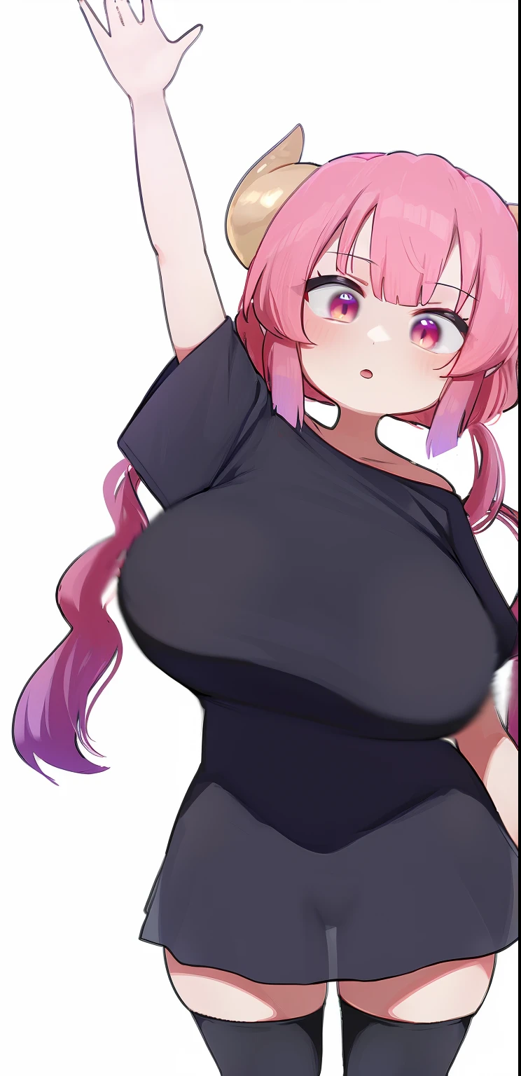 Anime girl with pink hair and horns in a black dress, Chic, anime girl wearing a black dress, small curvy , anime moe art style, Cute anime waifu in a nice dress, lolidress, yandere. tall, oppai, Shirabii, marin kitagawa fanart, with a big chest