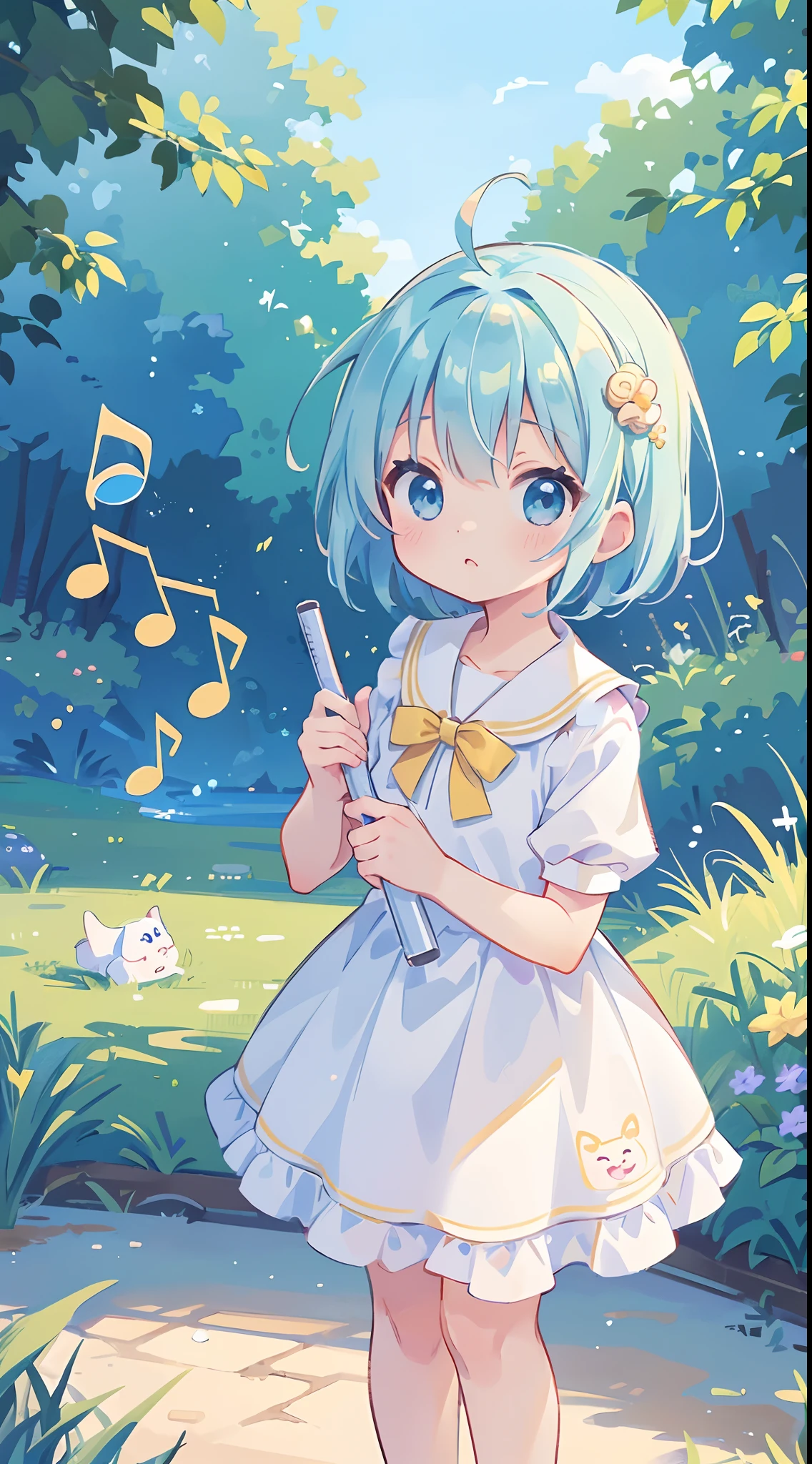 ((masutepiece,Top image quality,Best Quality,8K,masterpiece))girl1,cute little,Lori,Bob Hair,lightblue hair,Blue eyes,White dress,yellow ribbon,((musical note)),🎶,score,Ahoge