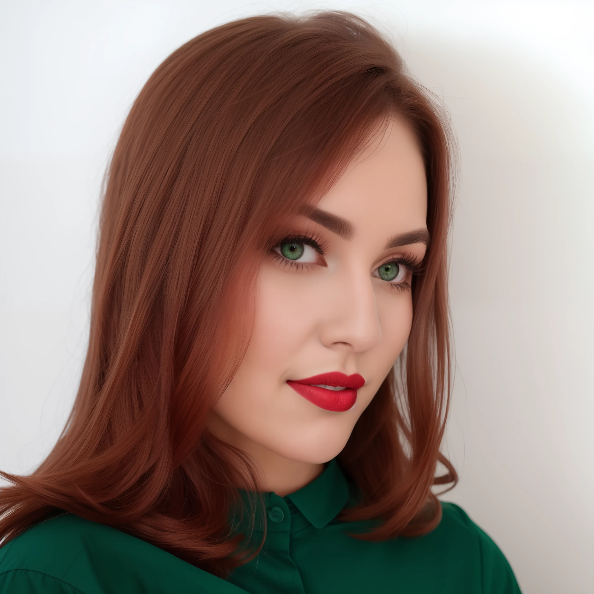 There's a woman in a green shirt and red lipstick, com cabelos ruivos e olhos verdes, com maquiagem profissional, usando maquiagem profissional, cabelos castanhos e olhos grandes, foto de perfil headshot, head and shoulder shot, Leesha Hannigan, mulher com cabelo vermelho, woman's face looking off camera, looking to the side off camera, looking away from camera, foto headshot