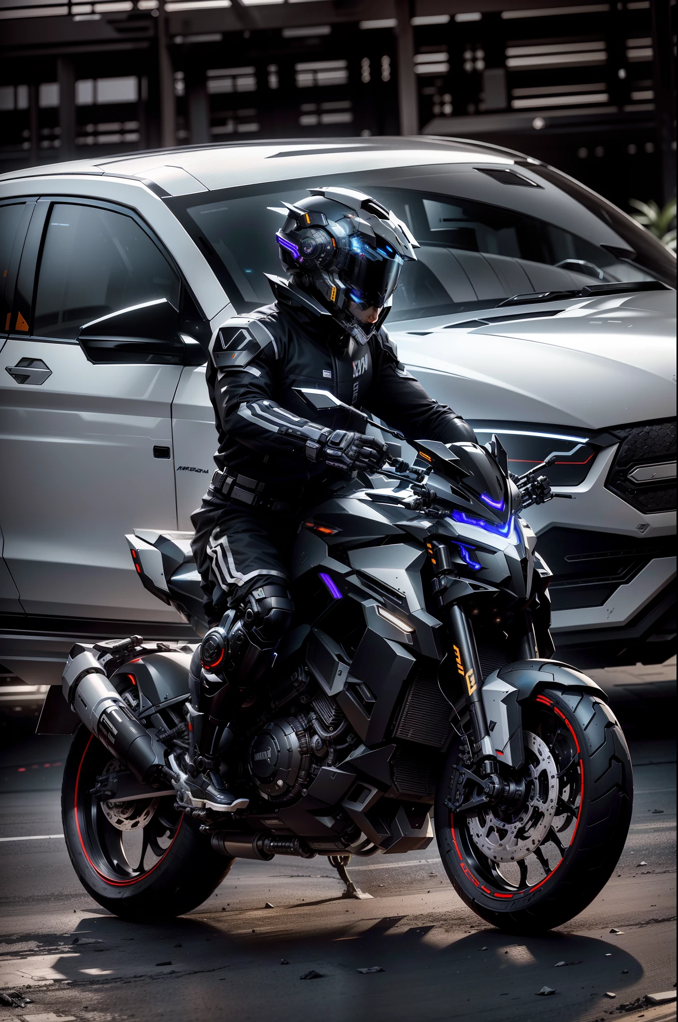 Handsome full body black mecha white short hair cyber handsome warrior, black cyber mechanical motorcycle, high-tech black full surround helmet, white short hair, Nousr, biomechanics, MSHN robot man, high-tech helmet, surreal, steel, complex design, crazy details, fine details, extremely clear lines, cinematic lighting, photo realism, detailed masterpiece