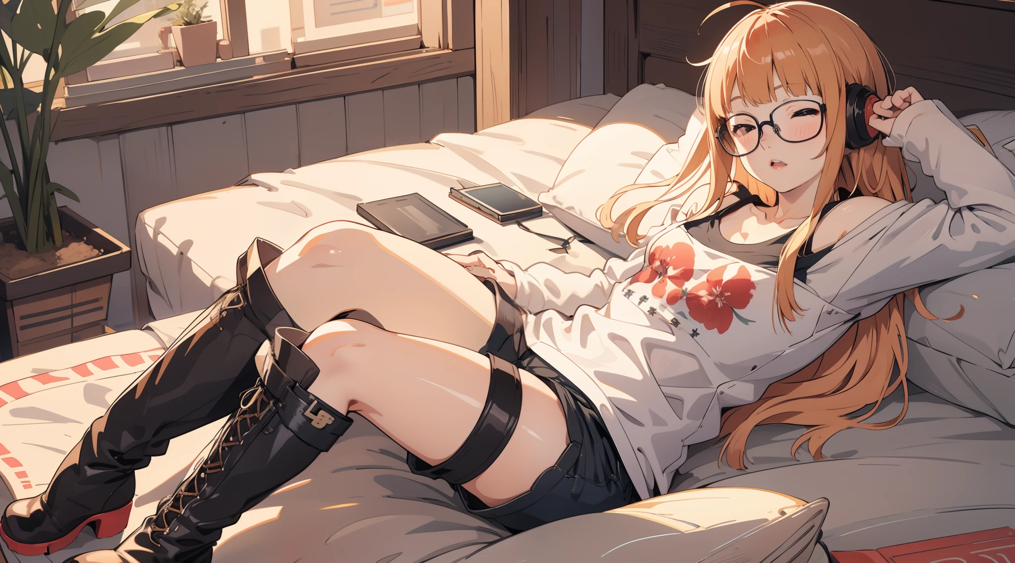 masutepiece, Best Quality, hight resolution,
1girl in, futaba sakura, Blunt bangs, Glasses, black-framed eyewear, Ahoge, Small breasts,
Glasses,  headphones, behind-the-head headphones,  tshirts、Shorts, thighs thighs thighs thighs, long boots,
 Cowboy Shot,the golden hour,Sleep in bed、、ignore、1black cat