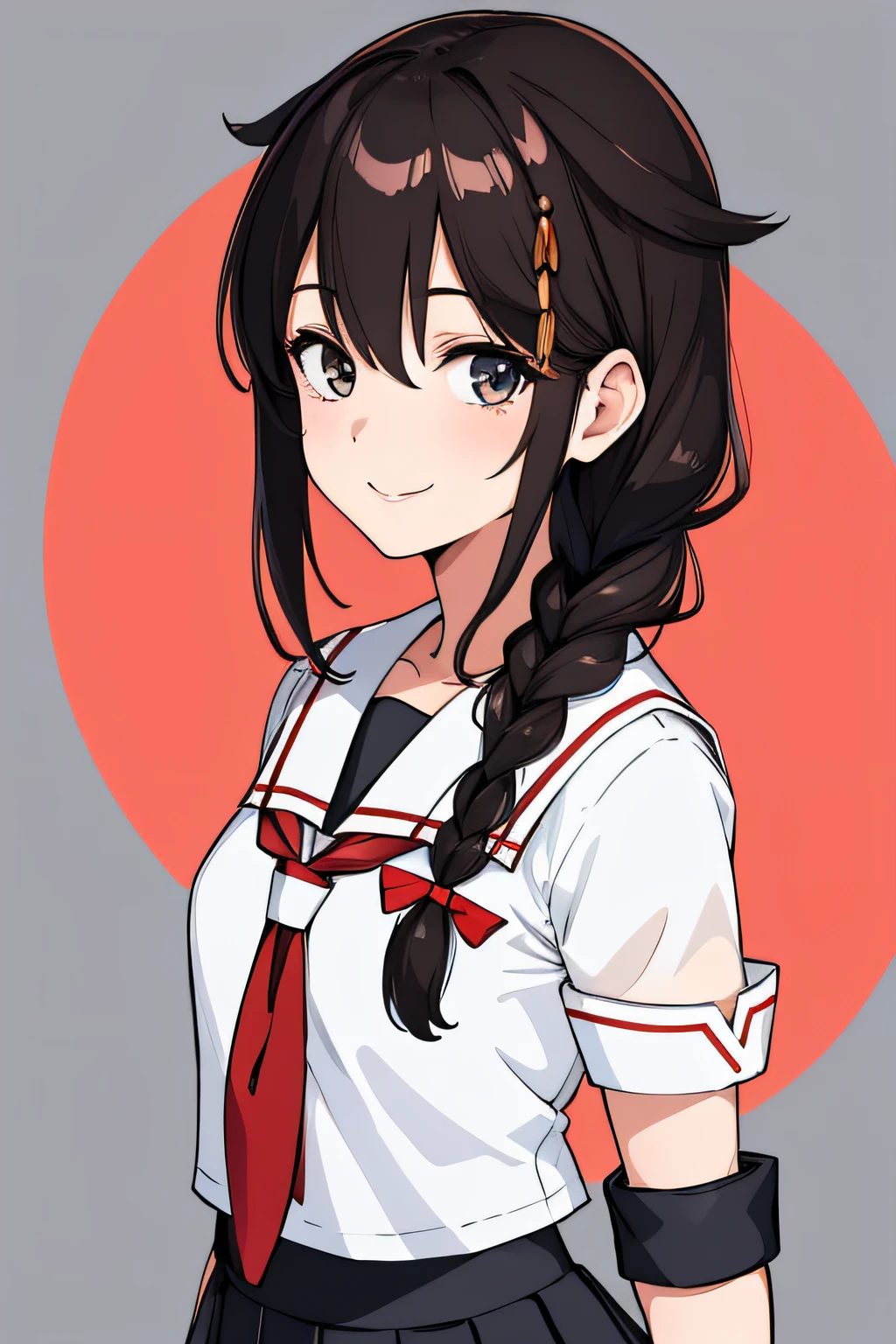 (masterpiece, best quality:1.2),illustration,8k,hd,1girl,solo,upper body,(portrait:1.2),long hair,single braid,black serafuku,black school uniform,pleated skirt,fingerless gloves,smile,