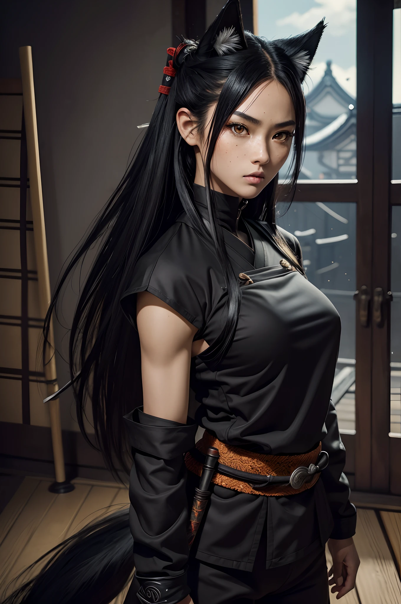 {{masterpiece, official art, 8k, extremely detailed, detailed}}, 1girl, perfect face, perfect fingers, perfect arms, ((deliberate)), ((experience)), deliberatev2, (((extremely detailed))), ((ninja)), ((japan culture)), ((alchemy)), (samurai house), anime girl in black clothes, high cheekbones, long hair, freckles, wearing boots, wearing black gloves, wearing listeners, killing intent, ((value fulfillment)), top quality, best quality, highest quality, highest fidelity, highres, ((detail enhancement)), highly detailed, ((8k resolution)), unity 8k, unreal 8k, awe inspiring, breathtaking, fhd, intricate, intimate, award winning photography, (((the most beautiful images in existence))), (((the most beautiful artwork in the world))), female, face, extremely detailed, black and red, (black hairs), hd wallpaper, full body, night village, war, yellow lights, brown eyes, 2 meter height, very tall, black mascara, fox tail, brown eyes, kitsune, black fur, fox ears, long legs, slim, (athletic:1.5), muscular girl, broad shoulders, samurai girl wirh katana, serious face, standing, black ninja clothes, adult, long black ninja pants