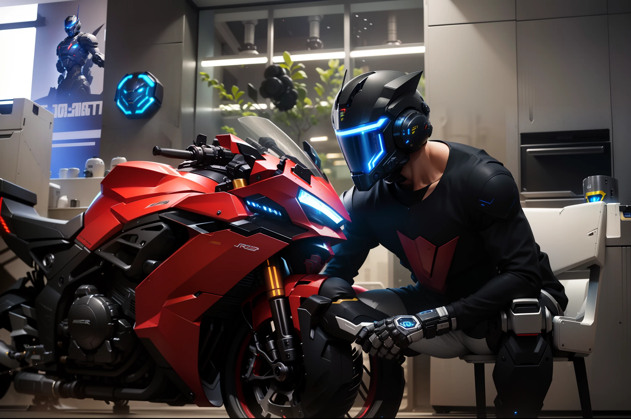 Handsome full body black mecha white short hair cyber handsome warrior, black cyber mechanical motorcycle, high-tech black full surround helmet, white short hair, Nousr, biomechanics, MSHN robot man, high-tech helmet, surreal, steel, complex design, crazy details, fine details, extremely clear lines, cinematic lighting, photo realism, detailed masterpiece