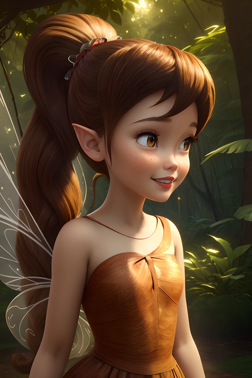 masterpiece, 8k, perfect ligthing, , adult, female, cowboy shot, looking at viewer, cinematic lighting, Fawn, single ponytail, extra long ponytail, dress, (extra long white fairy wings), long wings, brown clothes, clothes made from leaves, brown hair, pointy ears, (detailled eyes), shrunken, trapped, smiling, blush, pixiedust, jungle, treehouse, baby