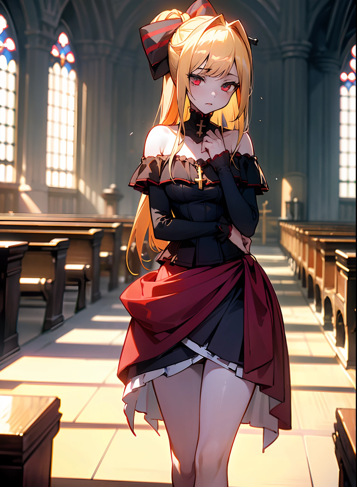 ((Masterpiece)), ((Best quality)), ((UHD 4k |)), (()), bshoulders, (Thin legs), (Backstory, ((In churches)), details in the environment,, ,dual horsetail,(Golden hair),(blue color eyes),full bodyesbian,(Pale red skirt),nudegirl, black lence stockings,DOA,devout,angelicales,crosses,,(depth of fields),A cold expression,ellegance,Quiet,Vampires,