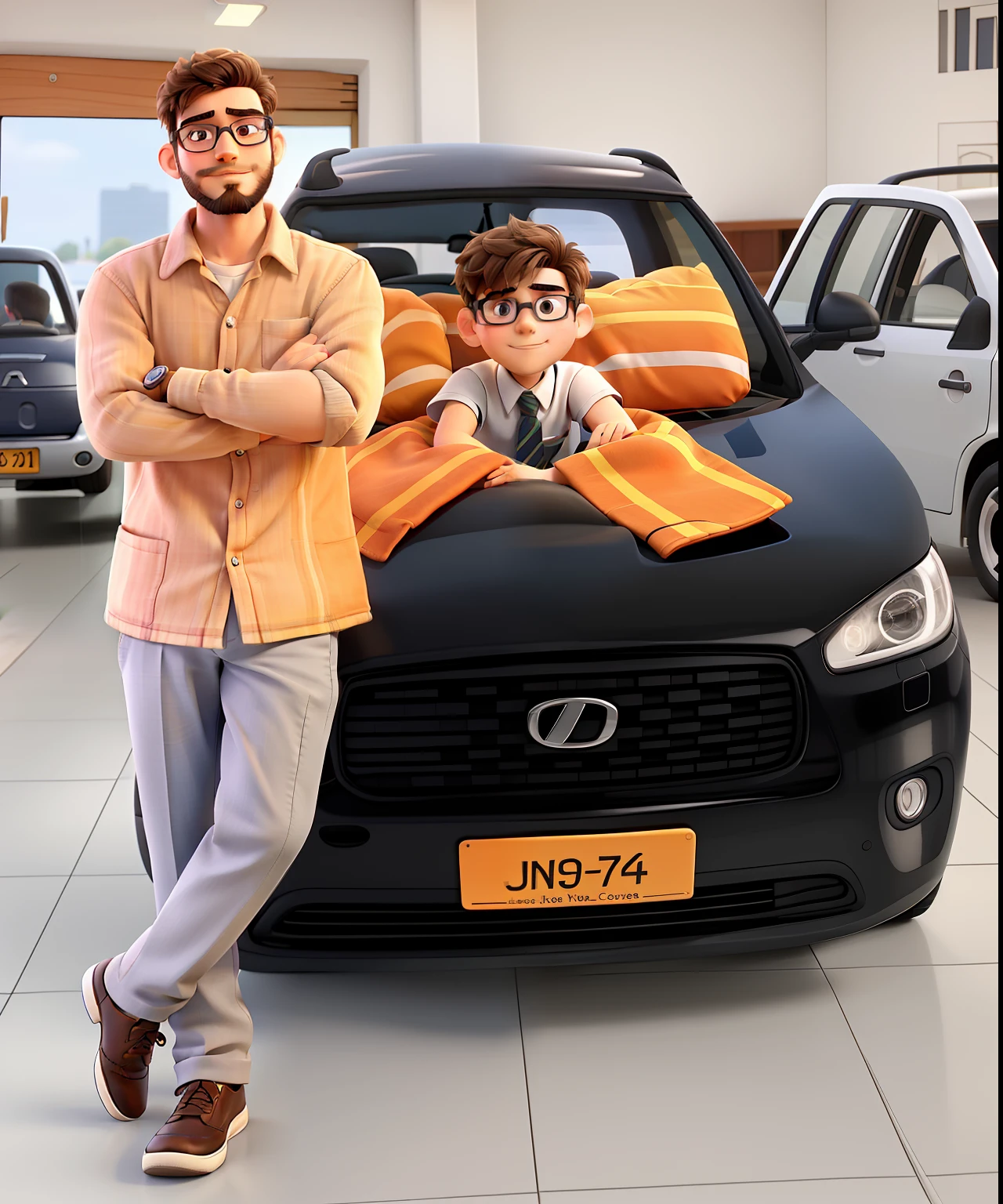 A young boy with a beard and glasses, Propped up with arms crossed in a car with tie.