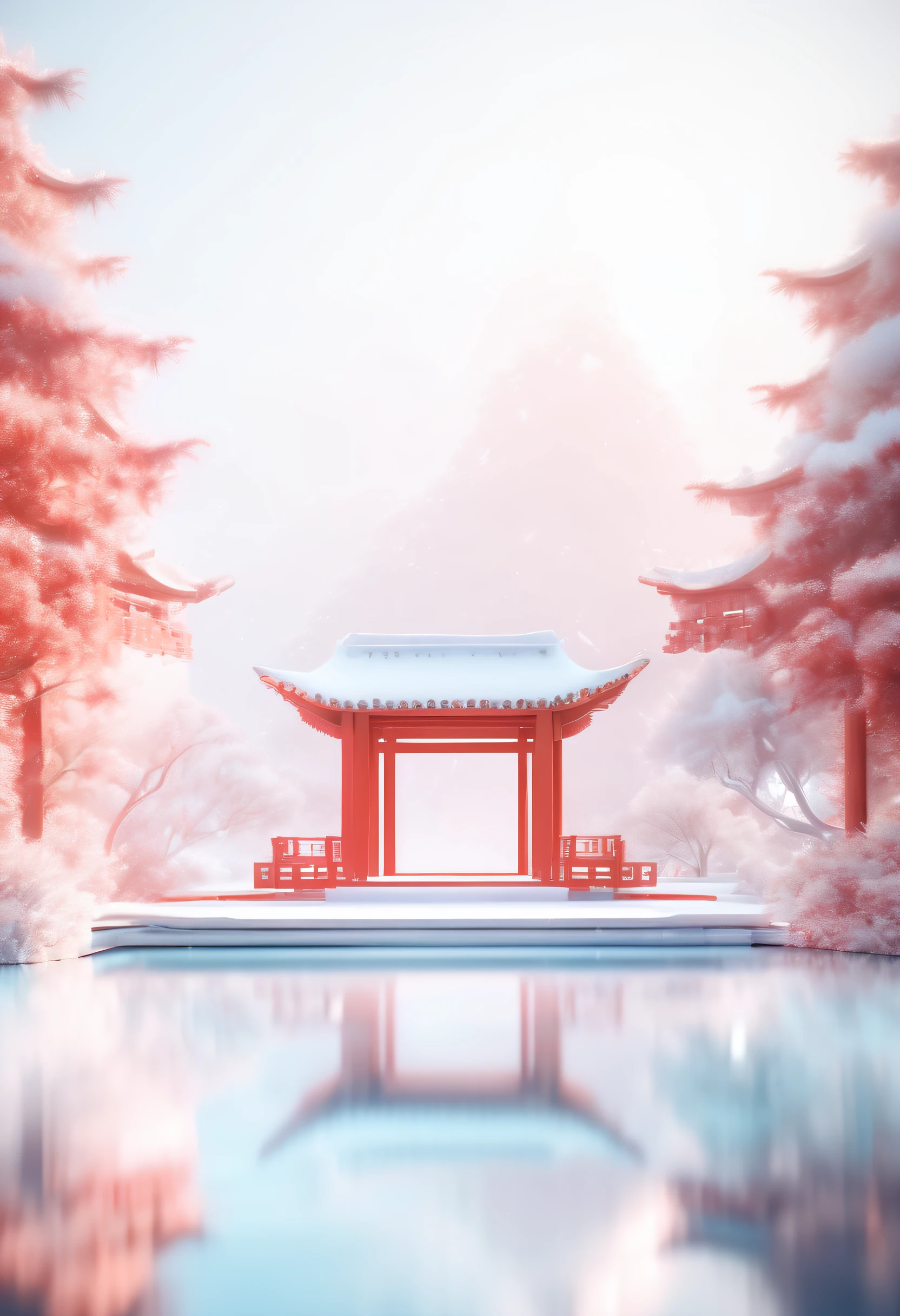 Winter photography, Sense of light and shadow，Minimalist Chinese architecture, Red pine tree, Mirror Lake,Ethereal geometry, Surreal style, closeup cleavage, Soft mist, Cinema4D rendering, Surreal water, Dreamy colors, Very clean image, Minimalism, Simple stage design, 8K