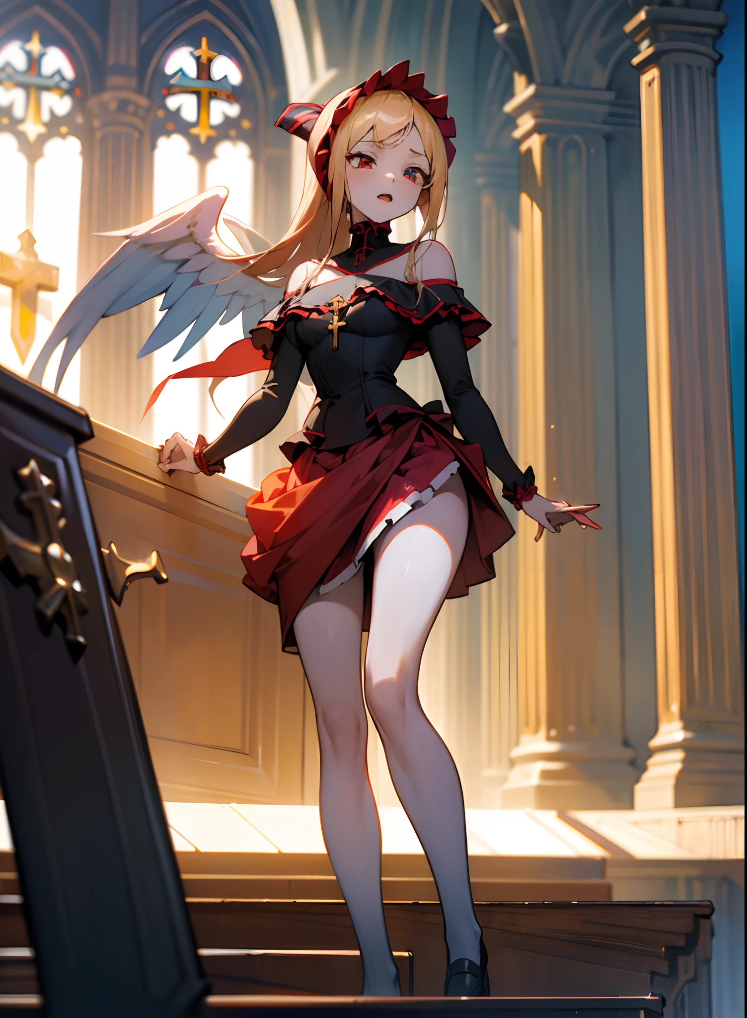 ((Masterpiece)), ((Best quality)), ((UHD 4k |)), ((Junior high school girl)), bshoulders, (Thin legs), (Backstory, ((In churches)), details in the environment,, ，dual horsetail,（Golden hair），（blue color eyes），full bodyesbian，(Pale red skirt)，nudegirl， black lence stockings，DOA，devout，angelicales，crosses，，（depth of fields），A cold expression，ellegance，Quiet，Vampires，yandere