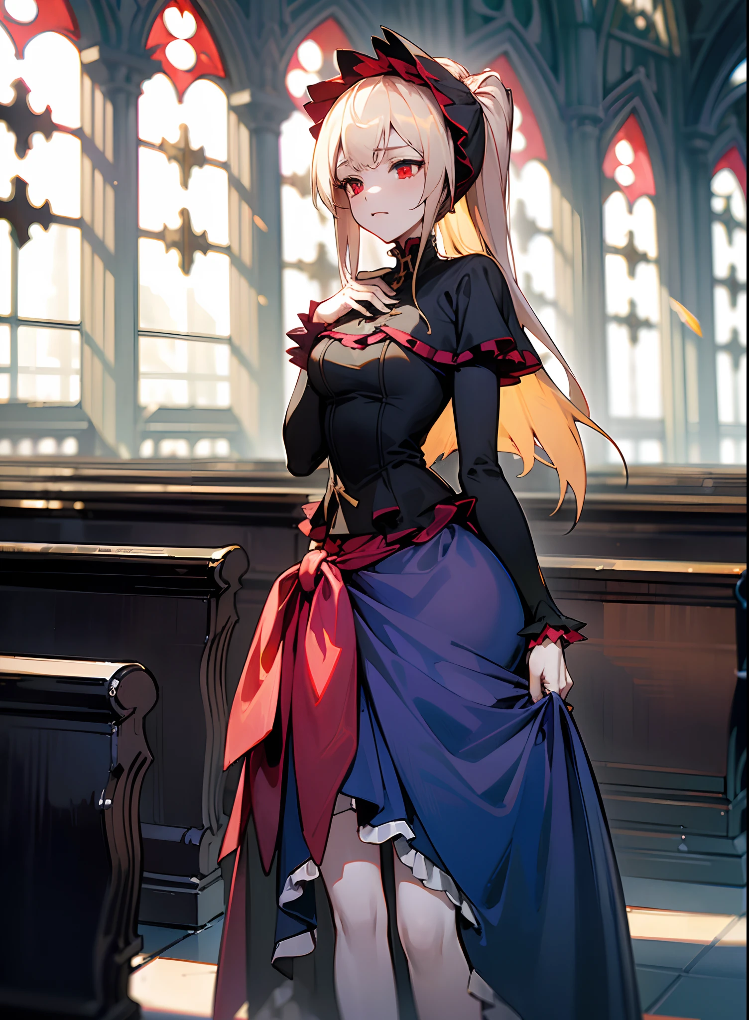 ((Masterpiece)), ((Best quality)), ((UHD 4k |)), ((Junior high school girl)), bshoulders, (Thin legs), (Backstory, ((In churches)), details in the environment,, ，dual horsetail,（Golden hair），（blue color eyes），full bodyesbian，(Pale red skirt)，nudegirl， black lence stockings，DOA，devout，angelicales，crosses，，（depth of fields），A cold expression，ellegance，Quiet，Vampires，yandere