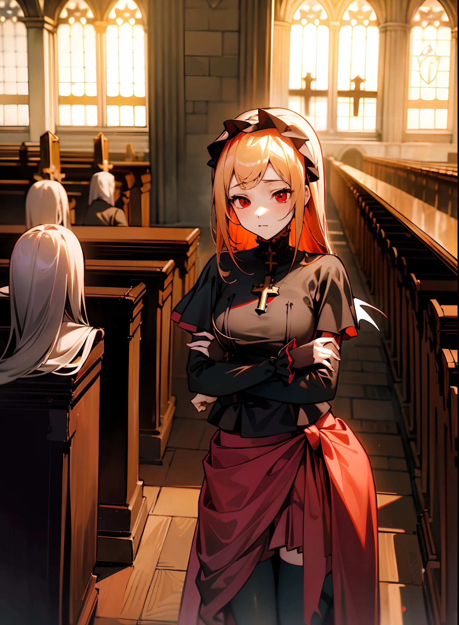 ((Masterpiece)), ((Best quality)), ((UHD 4k |)), (()), bshoulders, (Thin legs), (Backstory, ((In churches)), details in the environment,, ,dual horsetail,(Golden hair),(red color eyes),full bodyesbian,(Pale red skirt),nudegirl, ,DOA,devout,angelicales,crosses,,(depth of fields),A cold expression,ellegance,Quiet,Vampires,blcak stockings,Yandere
