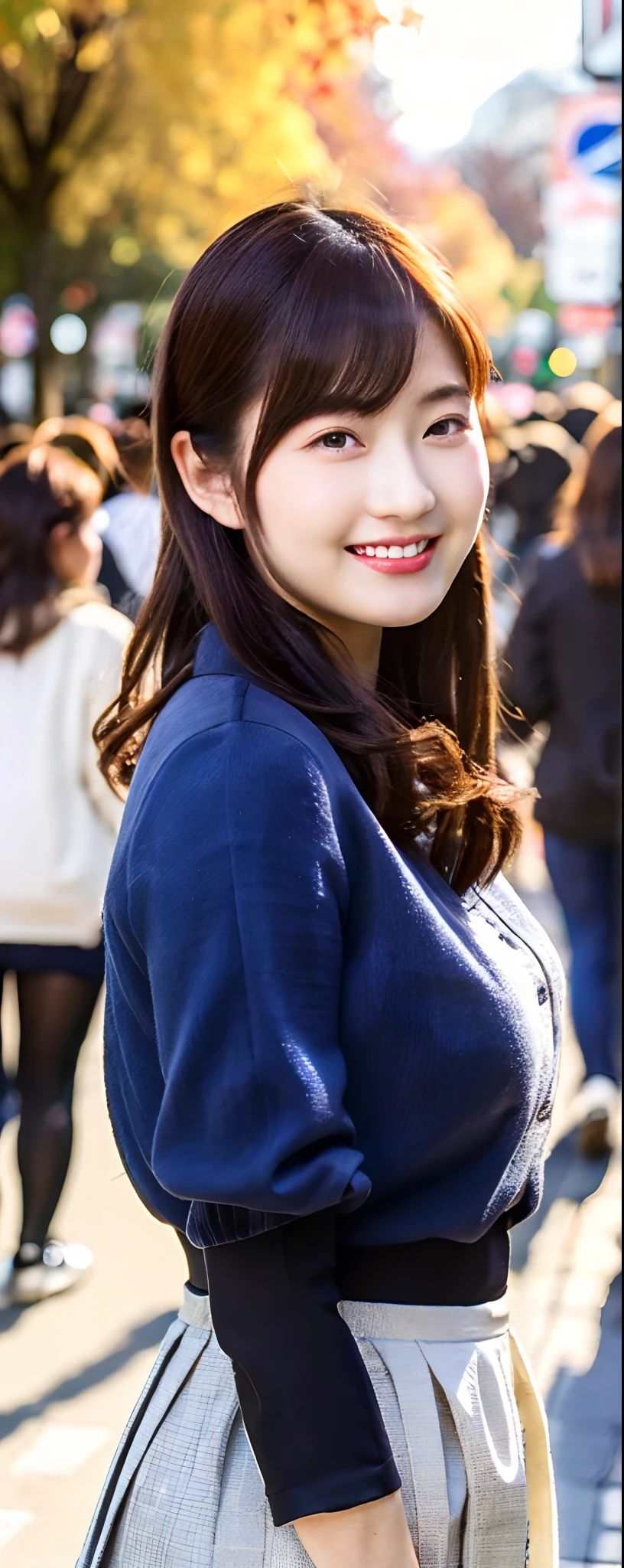 (8k, RAW photos, top quality, masterpiece: 1.2, ultra detailed, super resolution, real photos: 1.37), (Full body photo), 1 noble elegant Japanese lady, (standing contrapposte), ((pale color coodinate amber peach light brown other color, wearing over-size short autumn coat, beige long skirt, inner shirt, black tights, wearing loafers)), Shiny, Smile, Looks like 1.8 meters tall, large pelvis, Large breasts, big cuvy hips, Thin waist, Long legs, skin hyper-detail, 20 years old, Perfect face, (Detailed facial features), Wavy hair, Daylight, autumn season, center of street, crowd of people,