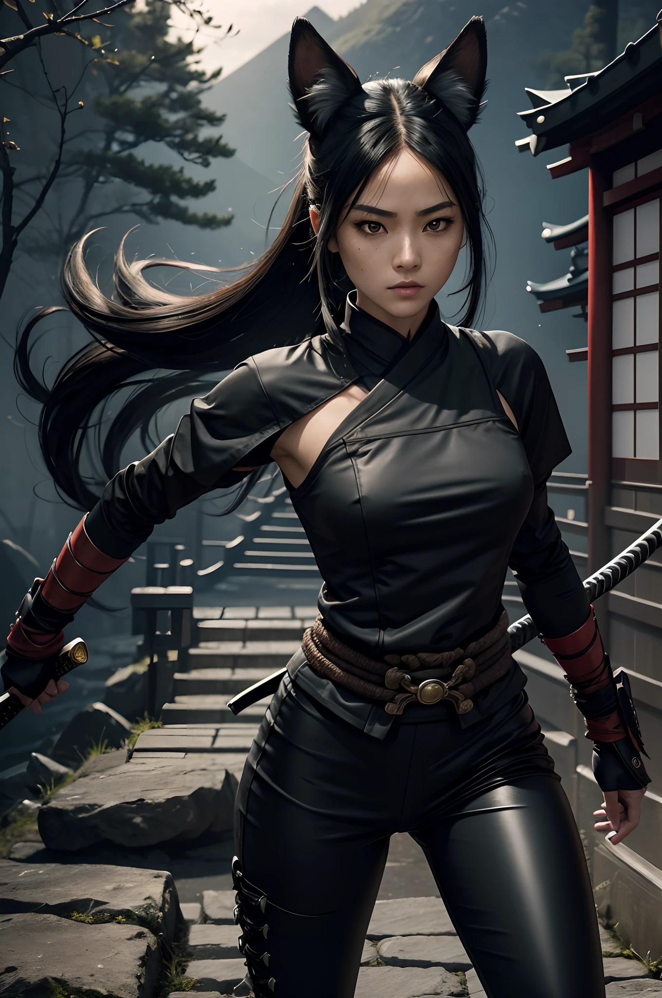 8K,Fantasia、Female ninja、complete ninja outfit、tight black and red ninja outfit(ultra precise detailed)、tight black and red skirt(ultra precise detailed)(Exposure of ninja clothes)、(Masked Face)、(Quick movement)、(stealth)、(mystical)、(arma)、(knifes)、(shuriken)、(daggers)、(short knife)、(shuriken)、(Graceful pose)、(dusk setting)、(Moonlit sky)、(Enchanting shadows)、((magical aura))、(daring acrobatics)、(ninja star)、(Quiet footsteps)、(Highly skilled)、(dedicated warrior)、(invisible assassin)、(ninja headquarters)、(hidden passage)、(bamboo forrest)、(intricate-detail)、(secret glance)、(impressive crimson eyes)、(Intense focus)、(epic battle scene)、(Mystical powers)、(rippling muscles)、(Fierce determination)、(Warrior spirit)、(exhilarating action)、(ancient tradition)、(unbreakable code)、(fearless guardian)、(unparalleled combat skills)、(constant vigilance)、(invisible protector)、(top-quality、ultra-detailliert、hight resolution、physically-based renderingt:1.2)、(immersive lighting)、(vivd colour)、(Dynamic composition)、(masterpiece)。Fantasyart、Female ninja、complete ninja outfit、(tight ninja uniform)、The is a uniform、Nipples are uniform、arma、lush bamboo forest,Golden decoration,