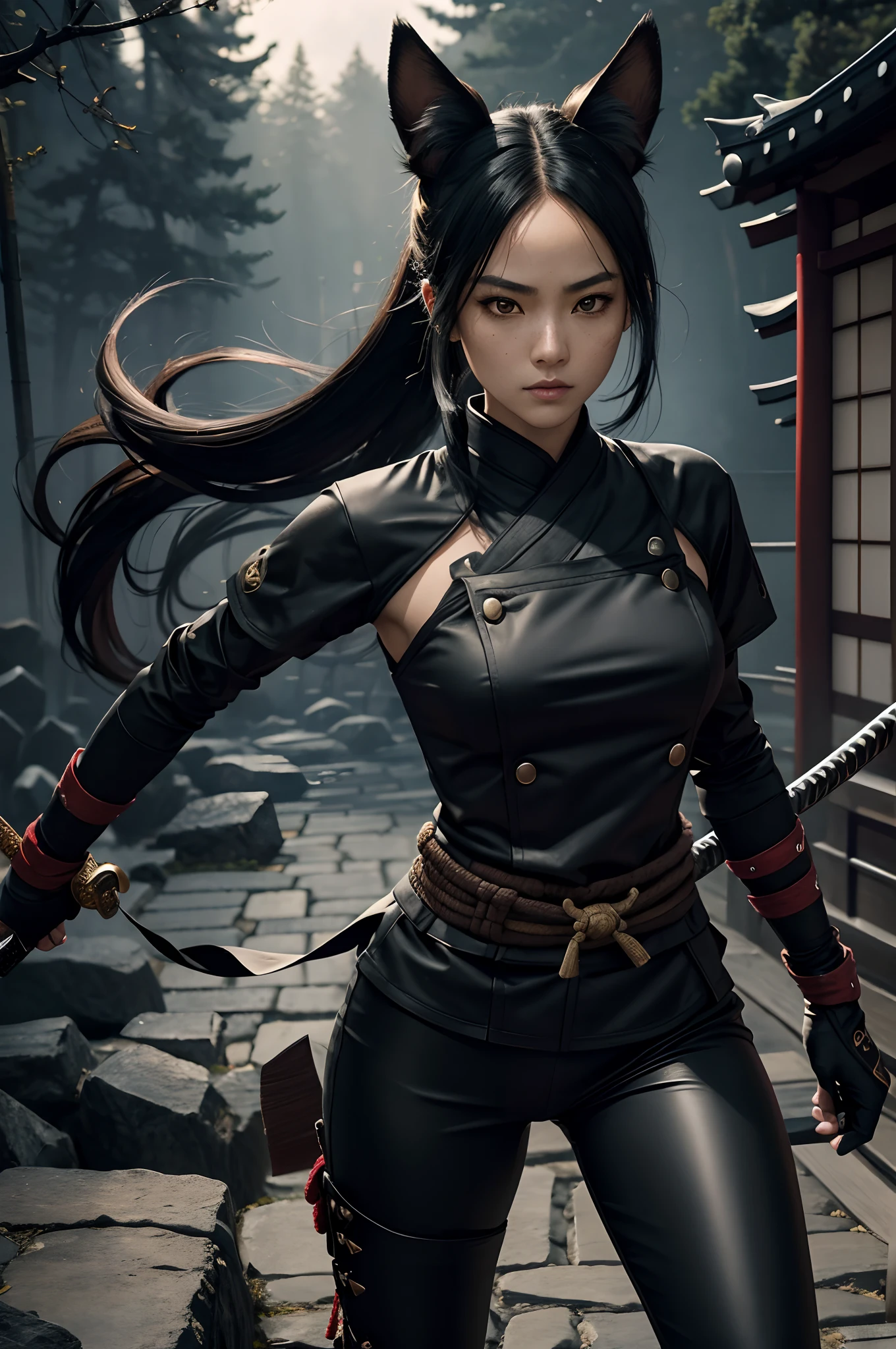 Black hair, 1 Female Assassin, black reotard, black colored leggings，Female ninja, Sexy body, Bigchest, Thin waist and thick hips, long leges, thick thight, jumpping，Eaves， Japanese-style architecture in the background, Japanese Kiya，Hair coiled, Delicate facial features, largeeyes, long eyelasher, He had multiple stab wounds on his body, Clothes are cut, Stained with blood, Fighting arts, Fighting posture, Leap action, fightingpose，ninjartist，Ninjutsu，Reference Naruto，sakura flowers falling, Flying throwing knives, （Ku Wu），（Ninja sword），surrealism, raised fist, Cinematic lighting, 8K, Super detail, Textured skin, High details，Darts around，Metal chains，（Detailed body movements），（Take care of all the details in detail），