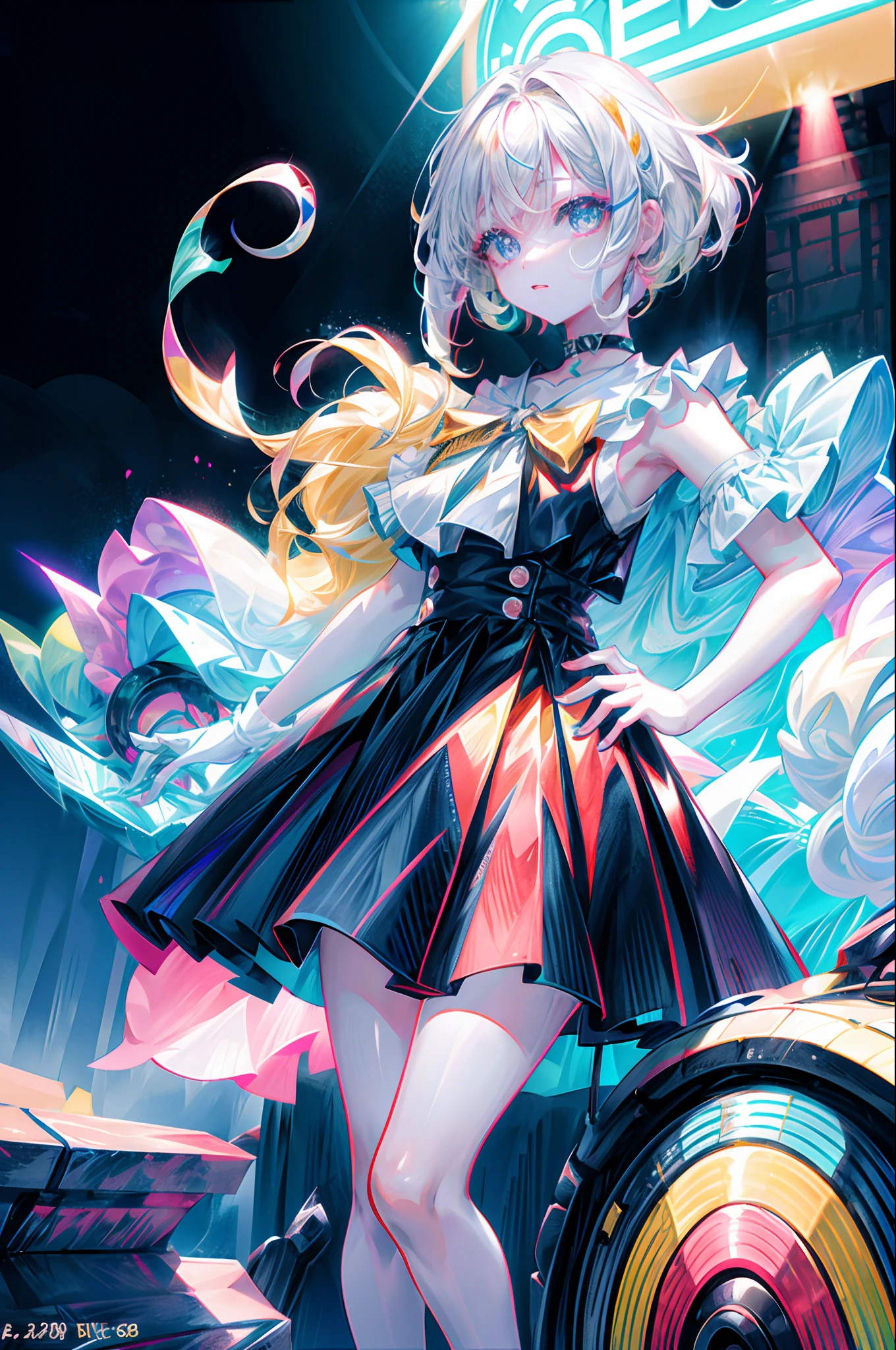 rainbows、Irridescent color、colourfull、top-quality、超A high resolution、(Photorealsitic:1.4)、Female 1 Person、Sleeveless white buttoned shirt、Black skirt、Black choker、cute little、(Kpop Idle)、(attractiveness:1)、(Platinum Blonde Hair:1)、((Puffy eyes))、Look at the viewer、full bodyesbian、Facing the front